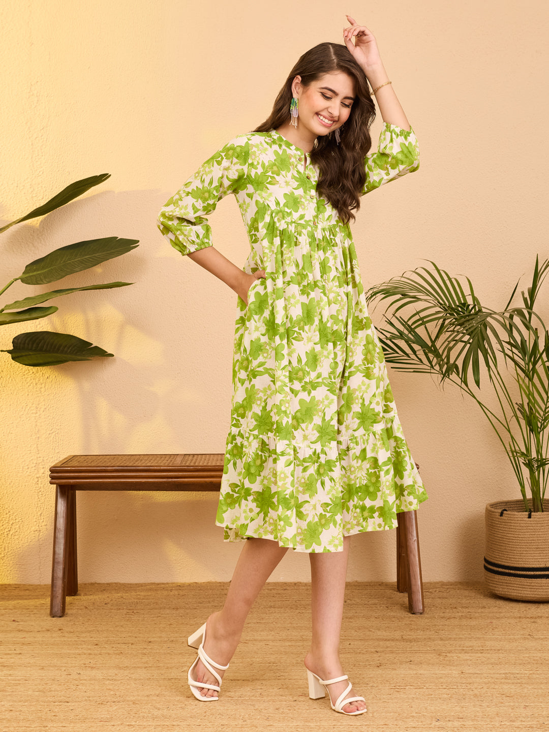 Janasya Women's White Pure Cotton Floral Printed A-line Dress