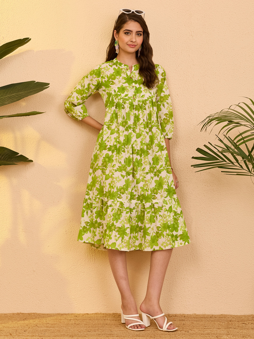 Janasya Women's White Pure Cotton Floral Printed A-line Dress