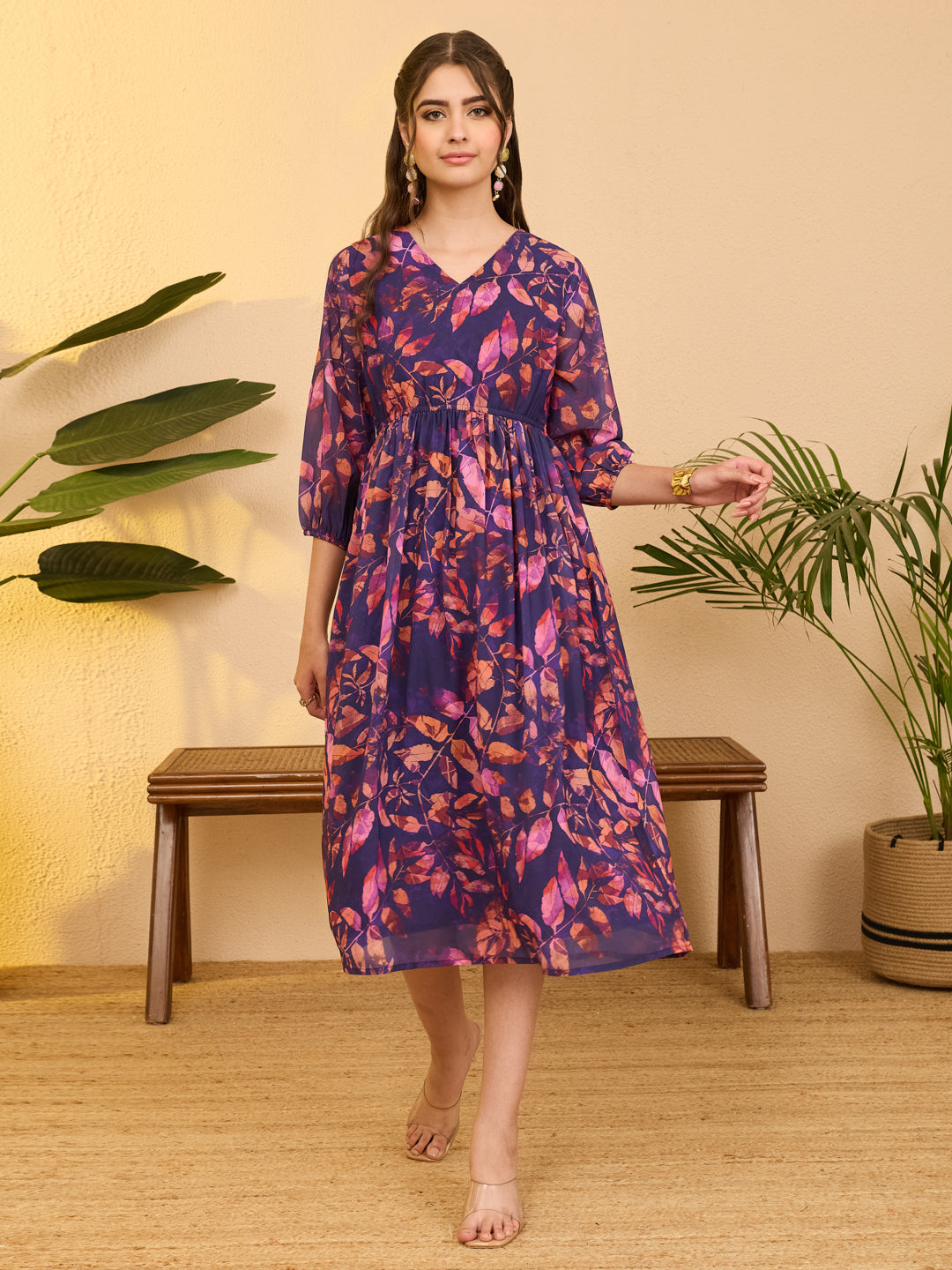 Janasya Women's Purple Georgette Botanical Printed Gathered Dress