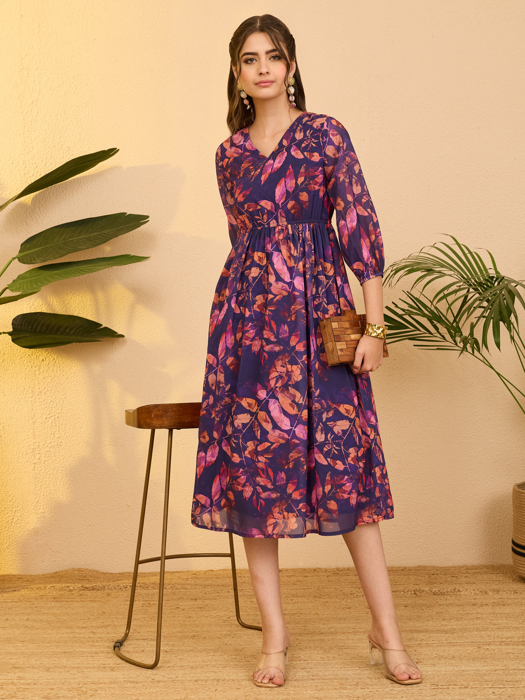 Janasya Women's Purple Georgette Botanical Printed Gathered Dress