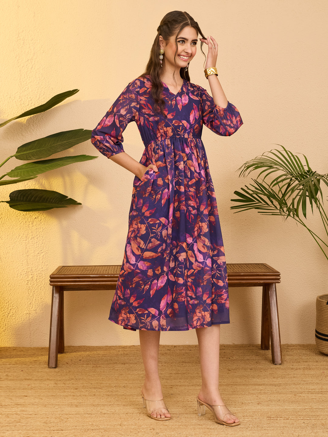 Janasya Women's Purple Georgette Botanical Printed Gathered Dress