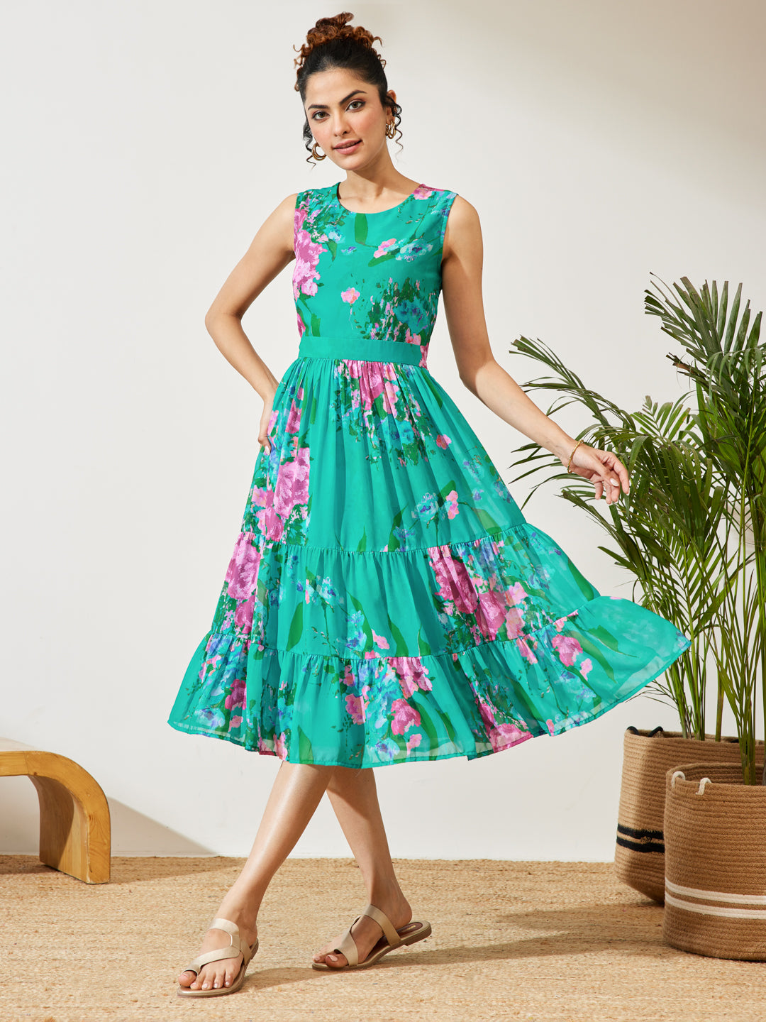 Janasya Women's Sea Green Georgette Floral Printed Tiered Dress