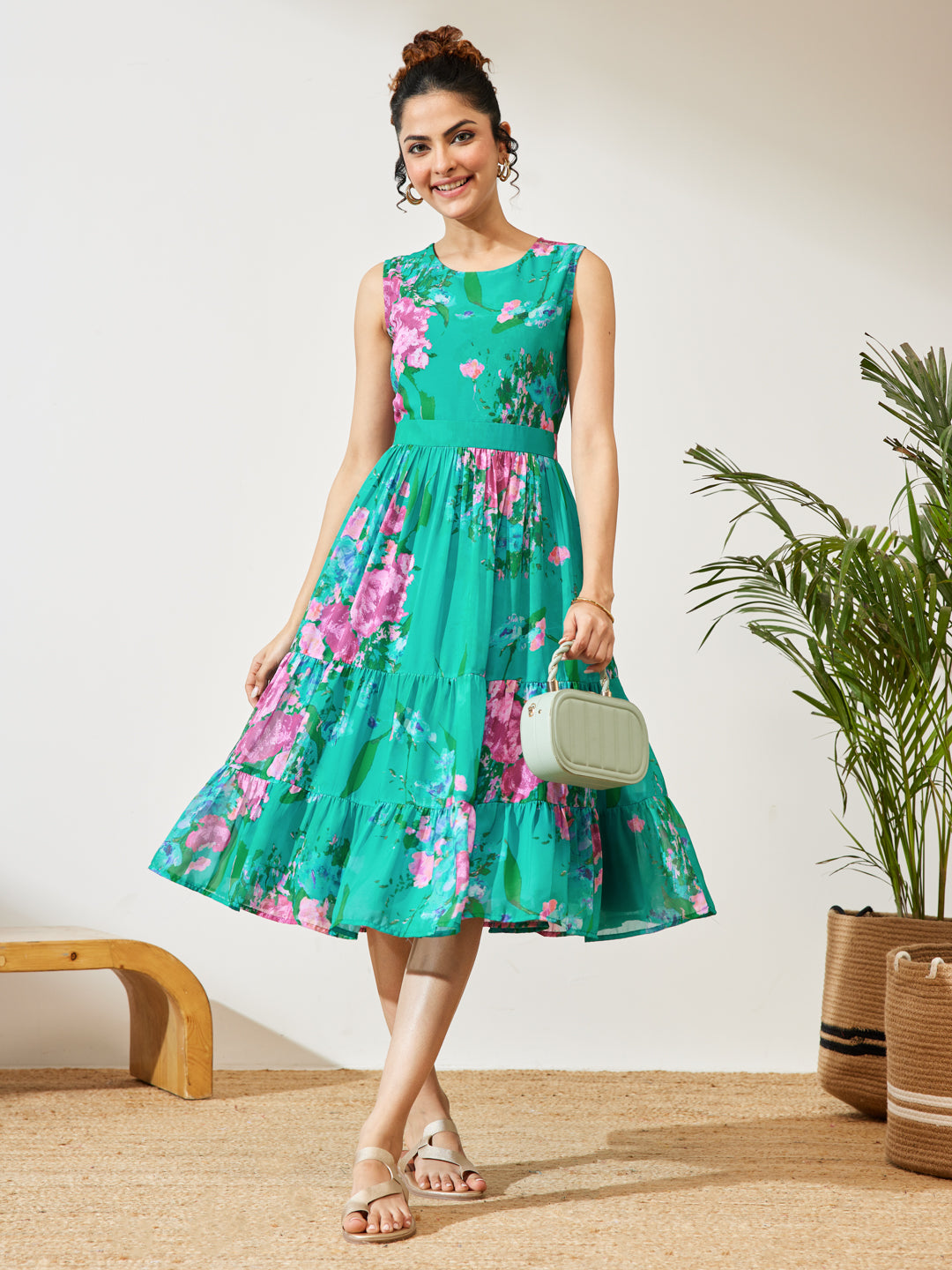Janasya Women's Sea Green Georgette Floral Printed Tiered Dress