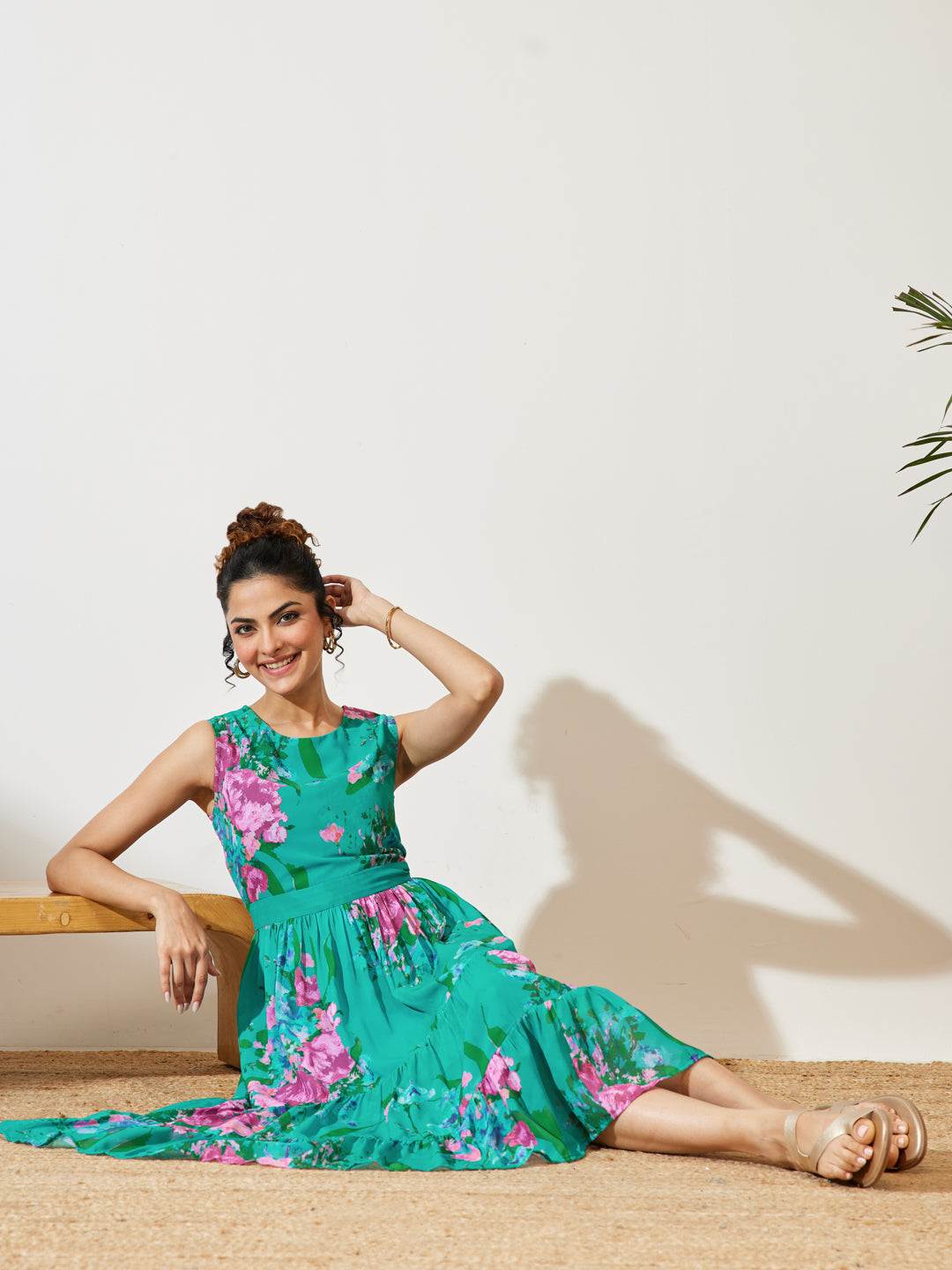 Janasya Women's Sea Green Georgette Floral Printed Tiered Dress