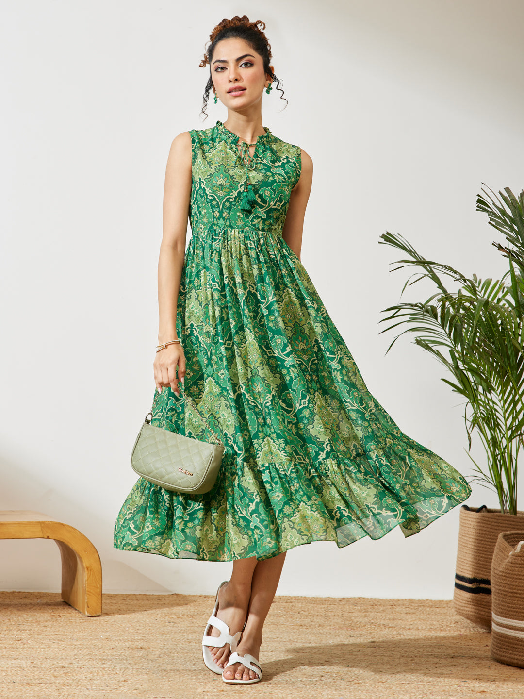 Janasya Women's Green Georgette Floral Printed Fit & Flared Dress