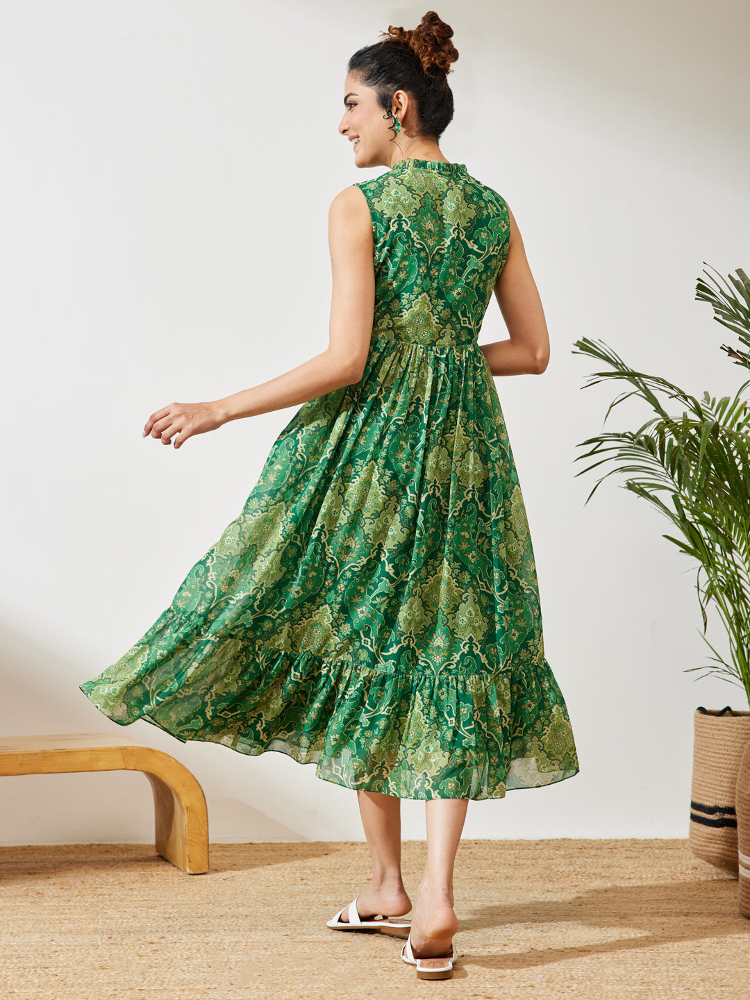 Janasya Women's Green Georgette Floral Printed Fit & Flared Dress