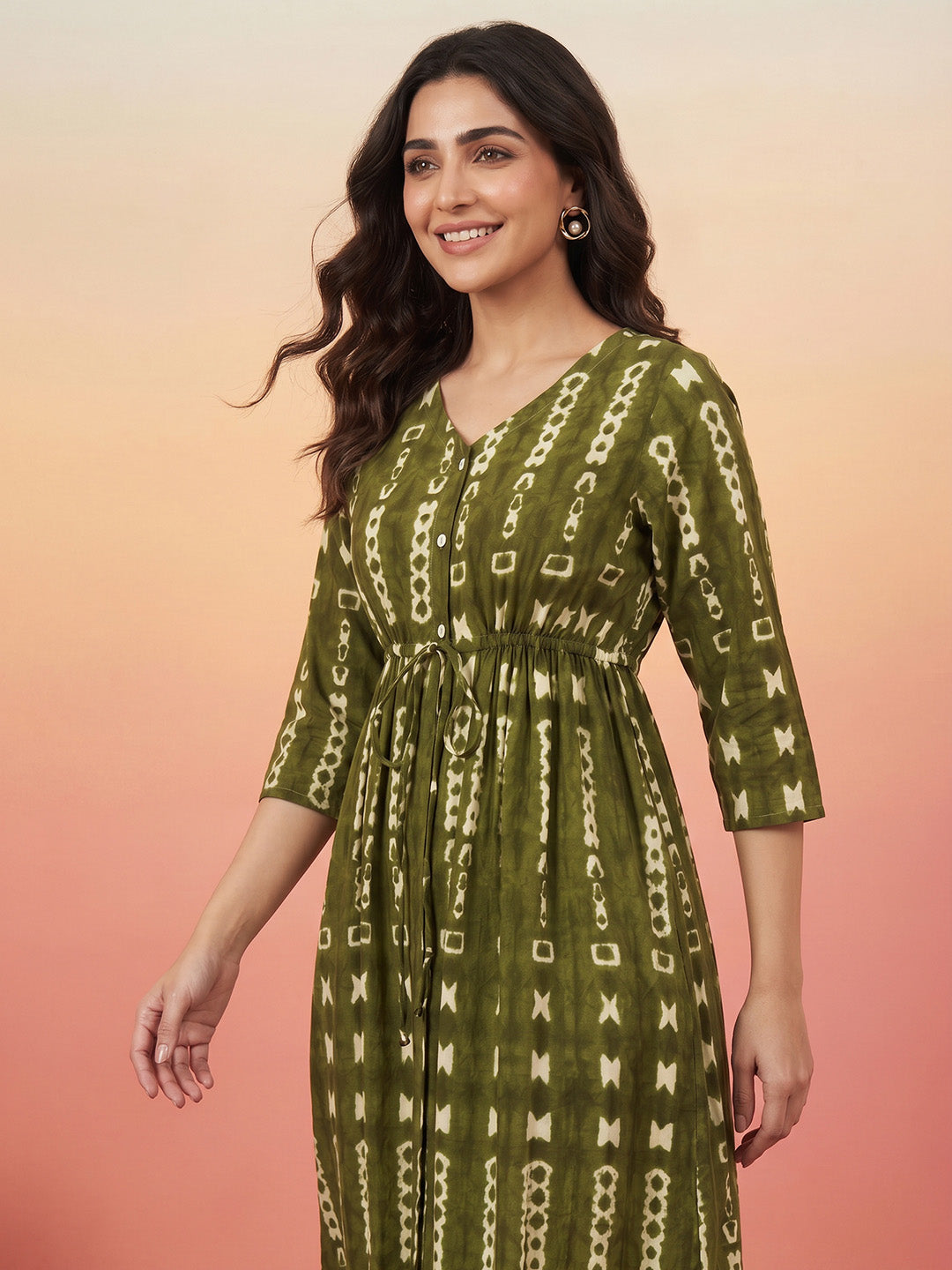 Janasya Women's Olive Green Pure Cotton Geometric Printed Fit & Flare Dress