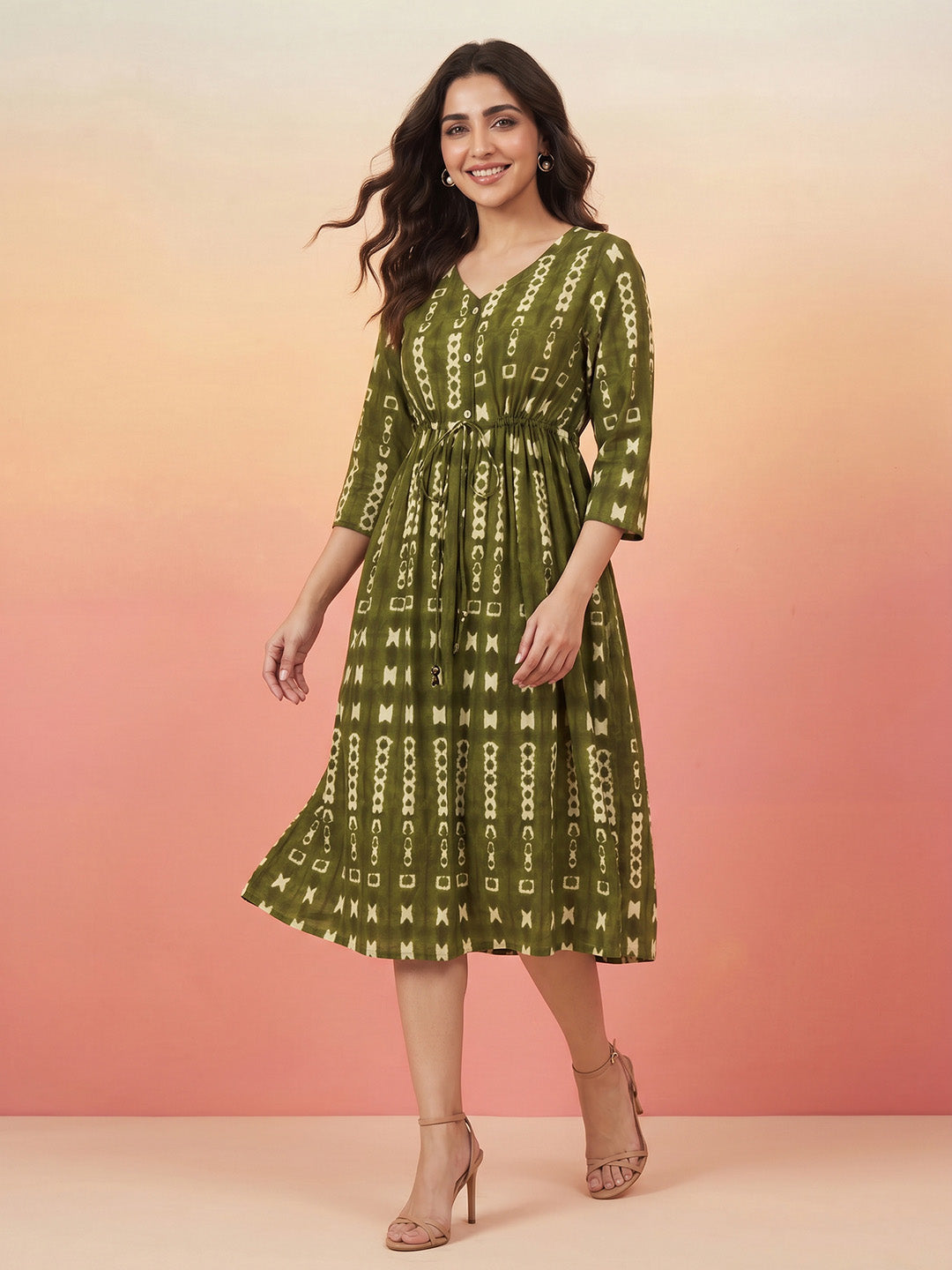 Janasya Women's Olive Green Pure Cotton Geometric Printed Fit & Flare Dress