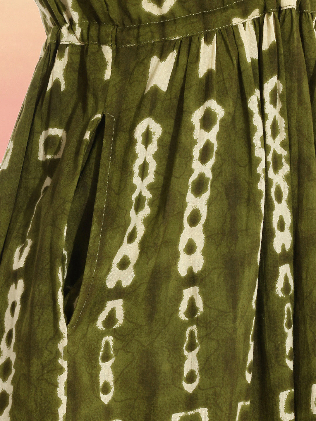 Janasya Women's Olive Green Pure Cotton Geometric Printed Fit & Flare Dress