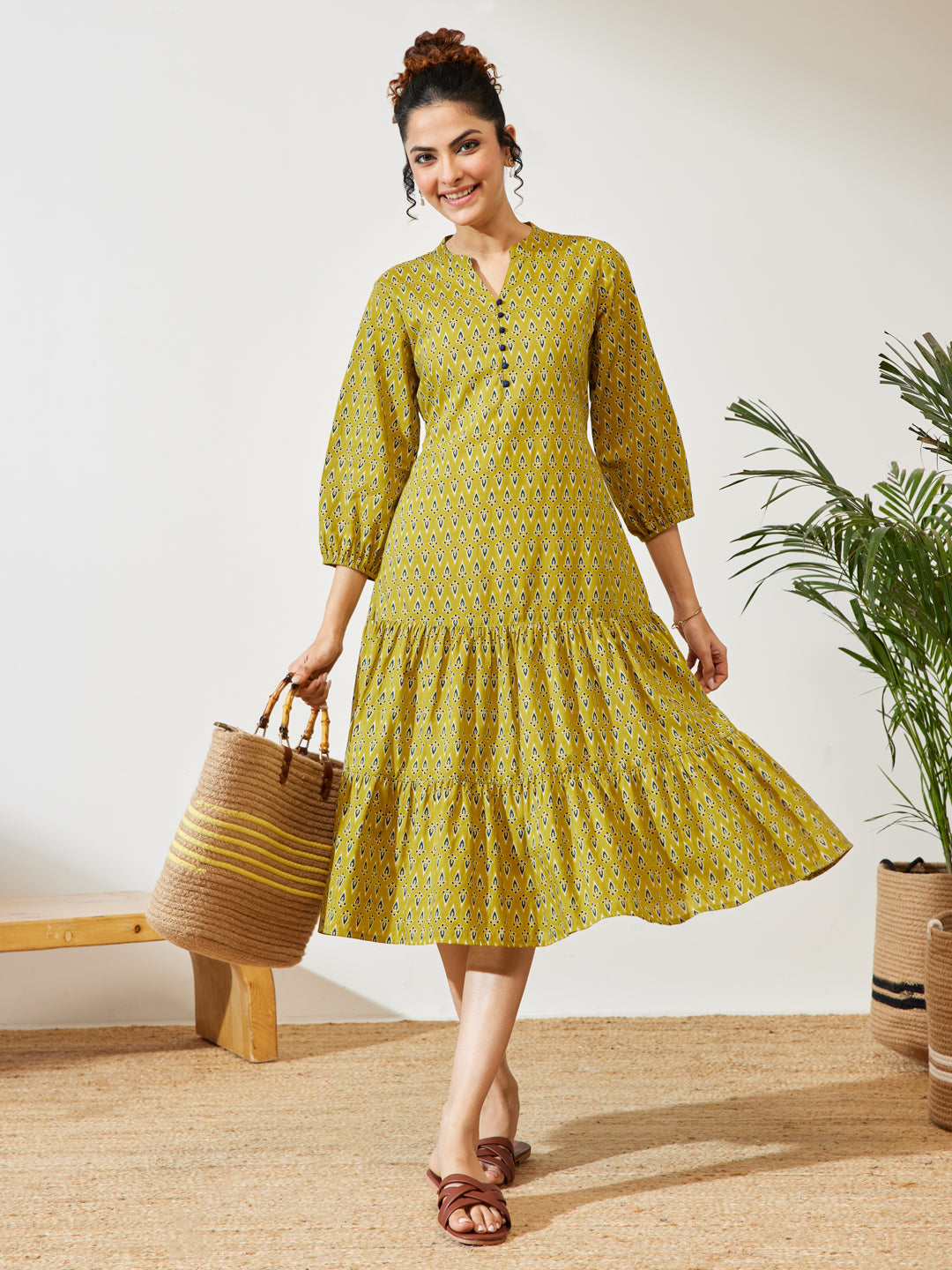 Janasya Women's Mustard Pure Cotton Ethnic Motif Printed Fit & Flare Dress