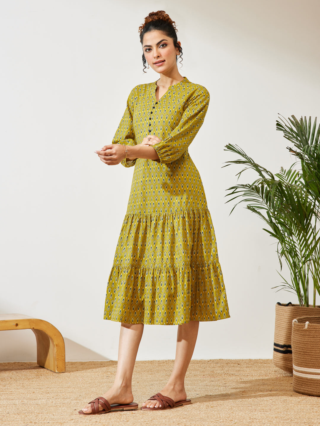 Janasya Women's Mustard Pure Cotton Ethnic Motif Printed Fit & Flare Dress