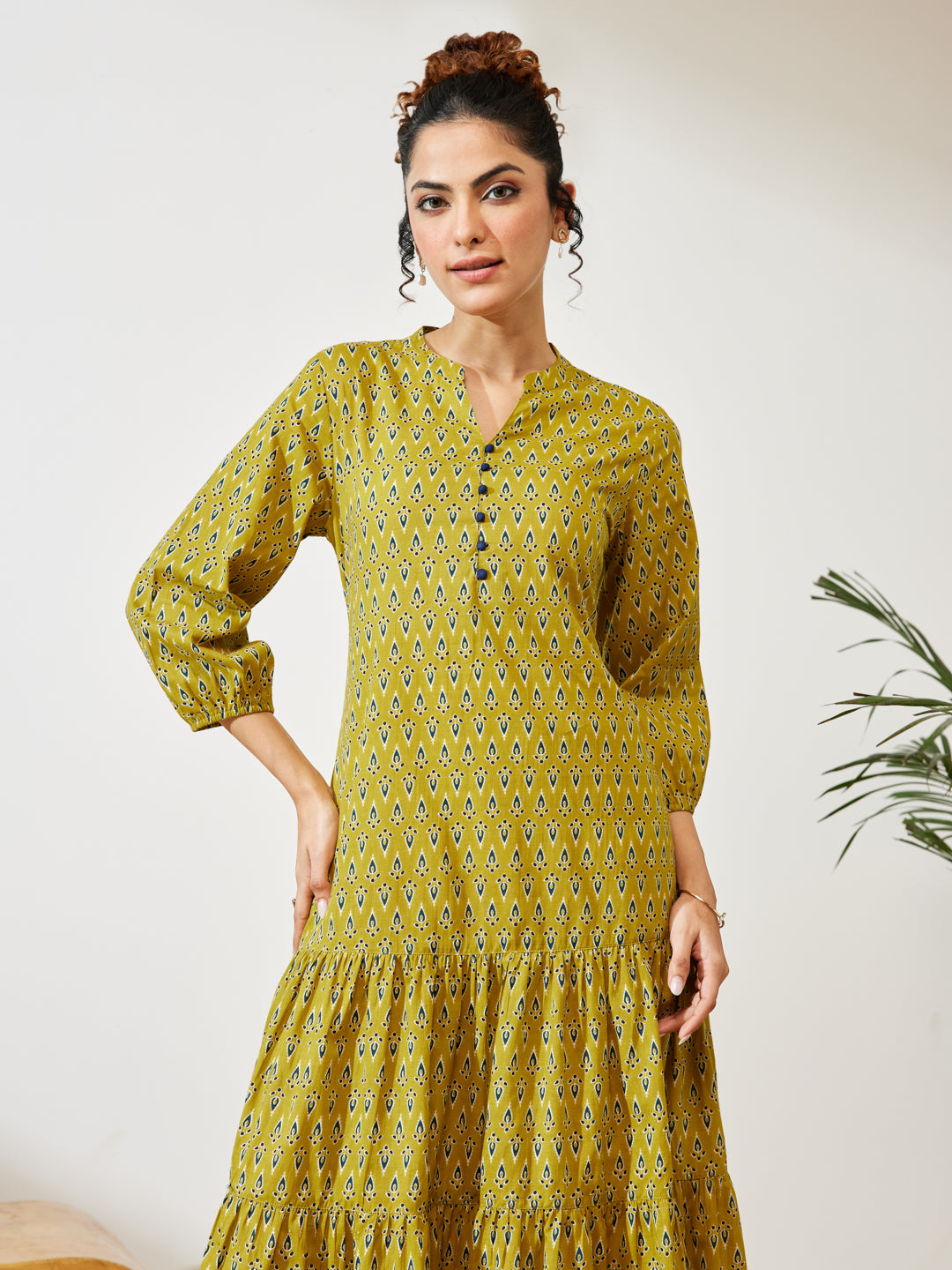 Janasya Women's Mustard Pure Cotton Ethnic Motif Printed Fit & Flare Dress