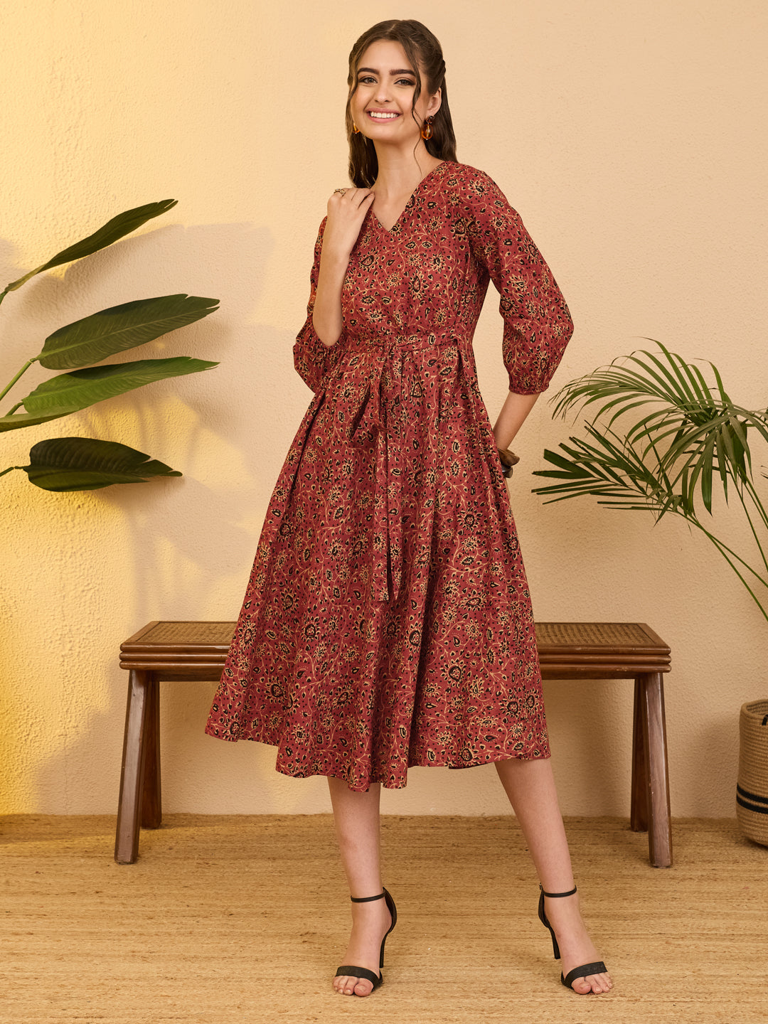 Janasya Women's Rust Pure Cotton Ajrakh Printed A-line Dress