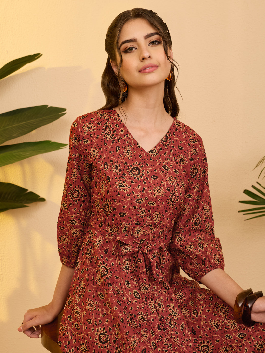 Janasya Women's Rust Pure Cotton Ajrakh Printed A-line Dress