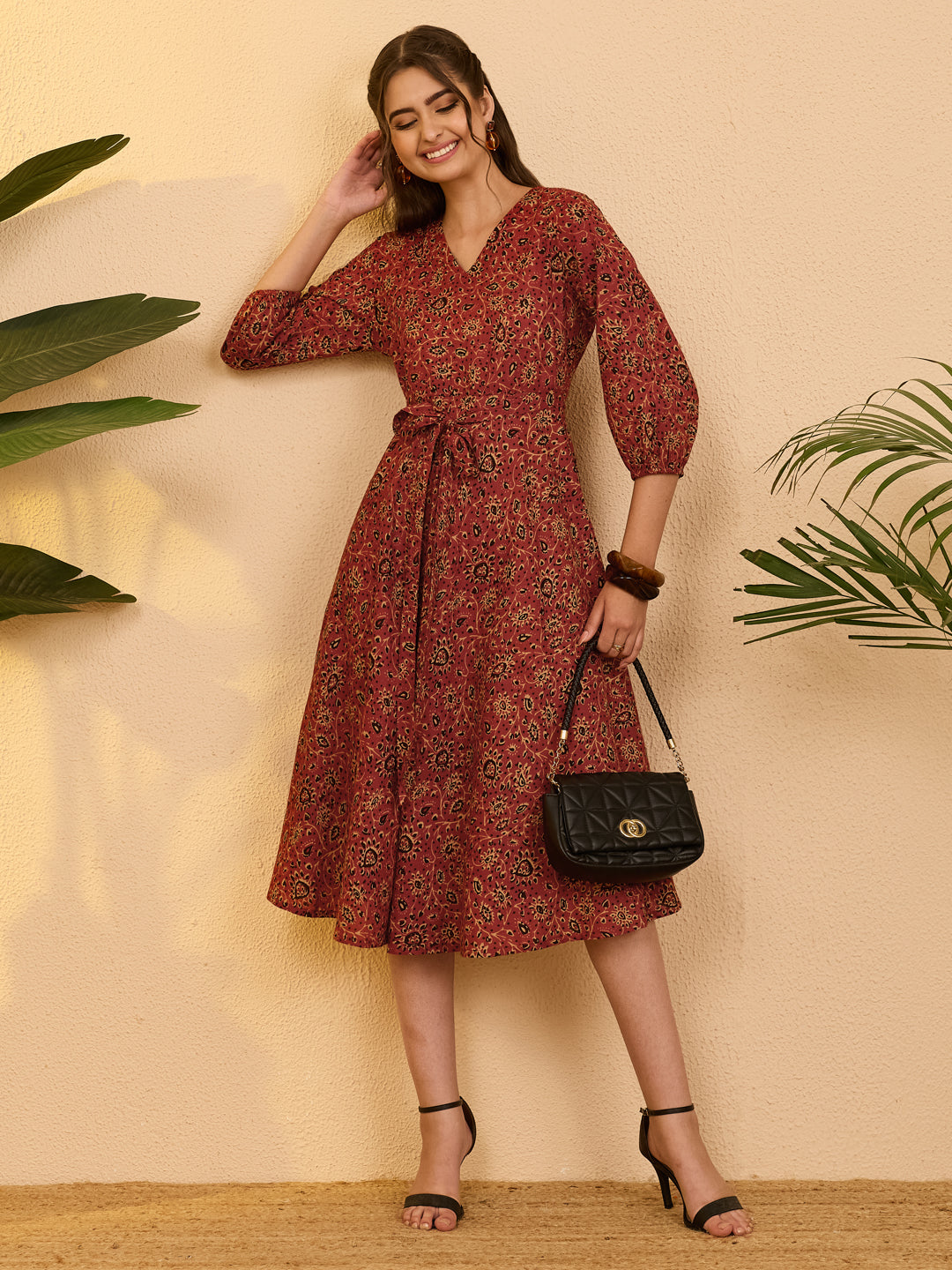 Janasya Women's Rust Pure Cotton Ajrakh Printed A-line Dress