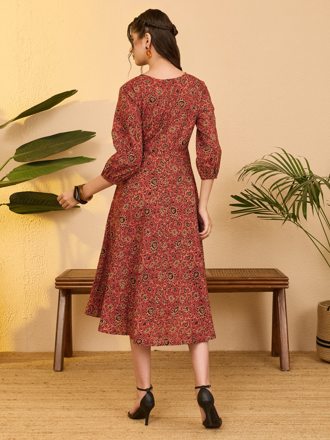 Janasya Women's Rust Pure Cotton Ajrakh Printed A-line Dress