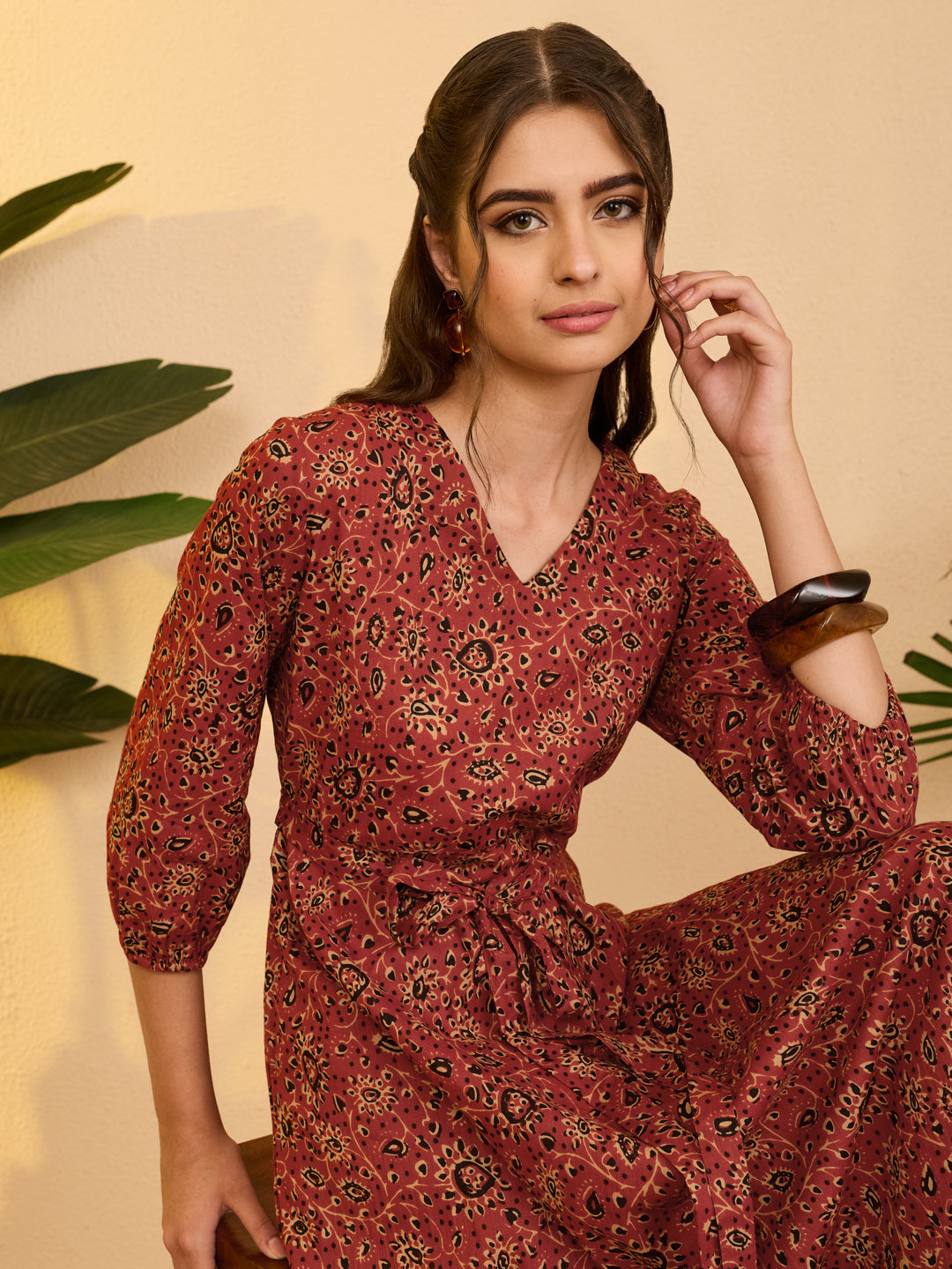 Janasya Women's Rust Pure Cotton Ajrakh Printed A-line Dress