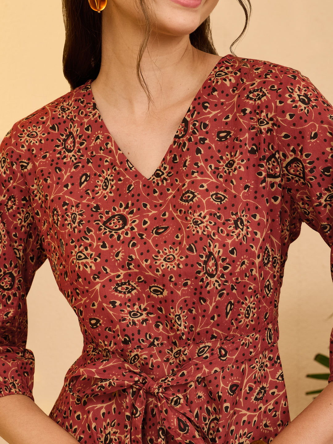 Janasya Women's Rust Pure Cotton Ajrakh Printed A-line Dress