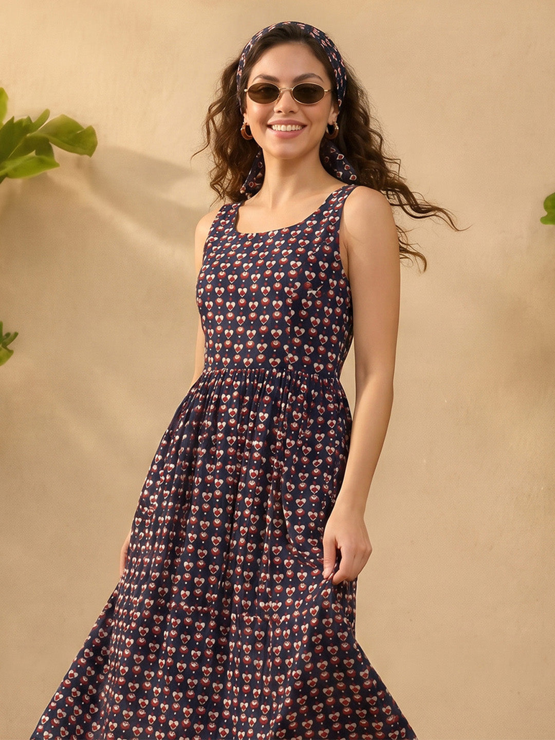 Janasya Women's Navy Blue Pure Cotton Ethnic Motifs Printed Gathered Dress
