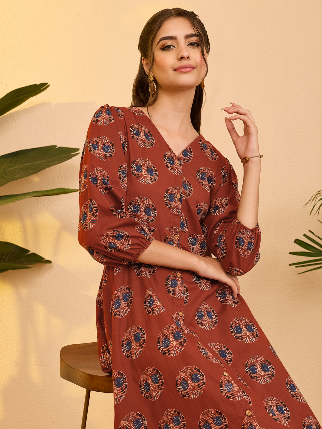 Janasya Women's Red Pure Cotton Ethnic Motifs Printed A-line Dress