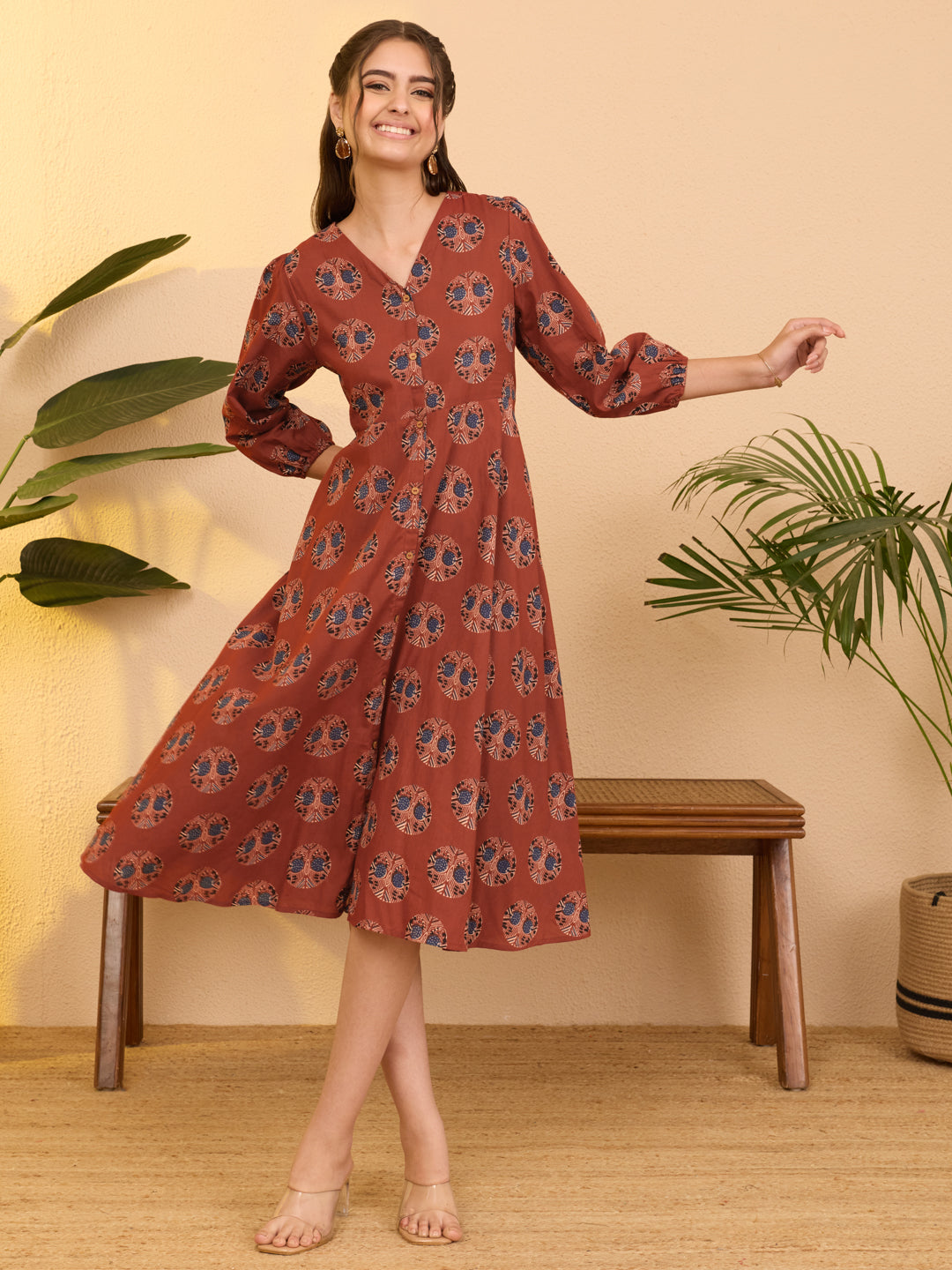 Janasya Women's Red Pure Cotton Ethnic Motifs Printed A-line Dress