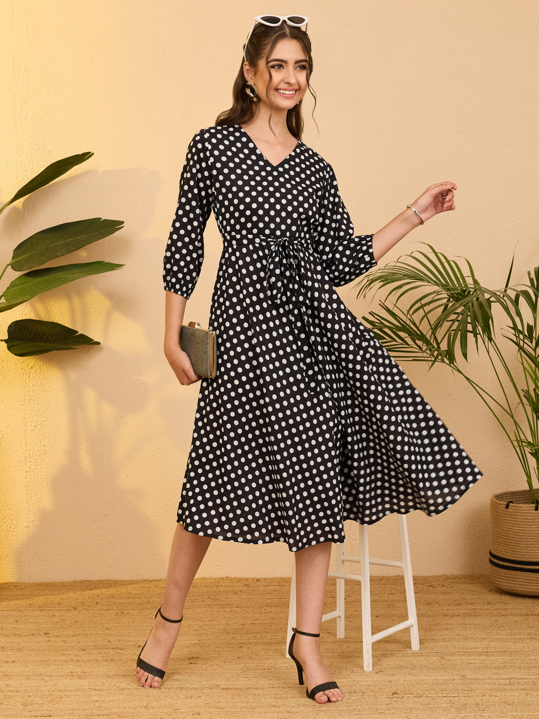 Janasya Women's Black Pure Cotton Polka Dot Printed Fit & Flare Dress