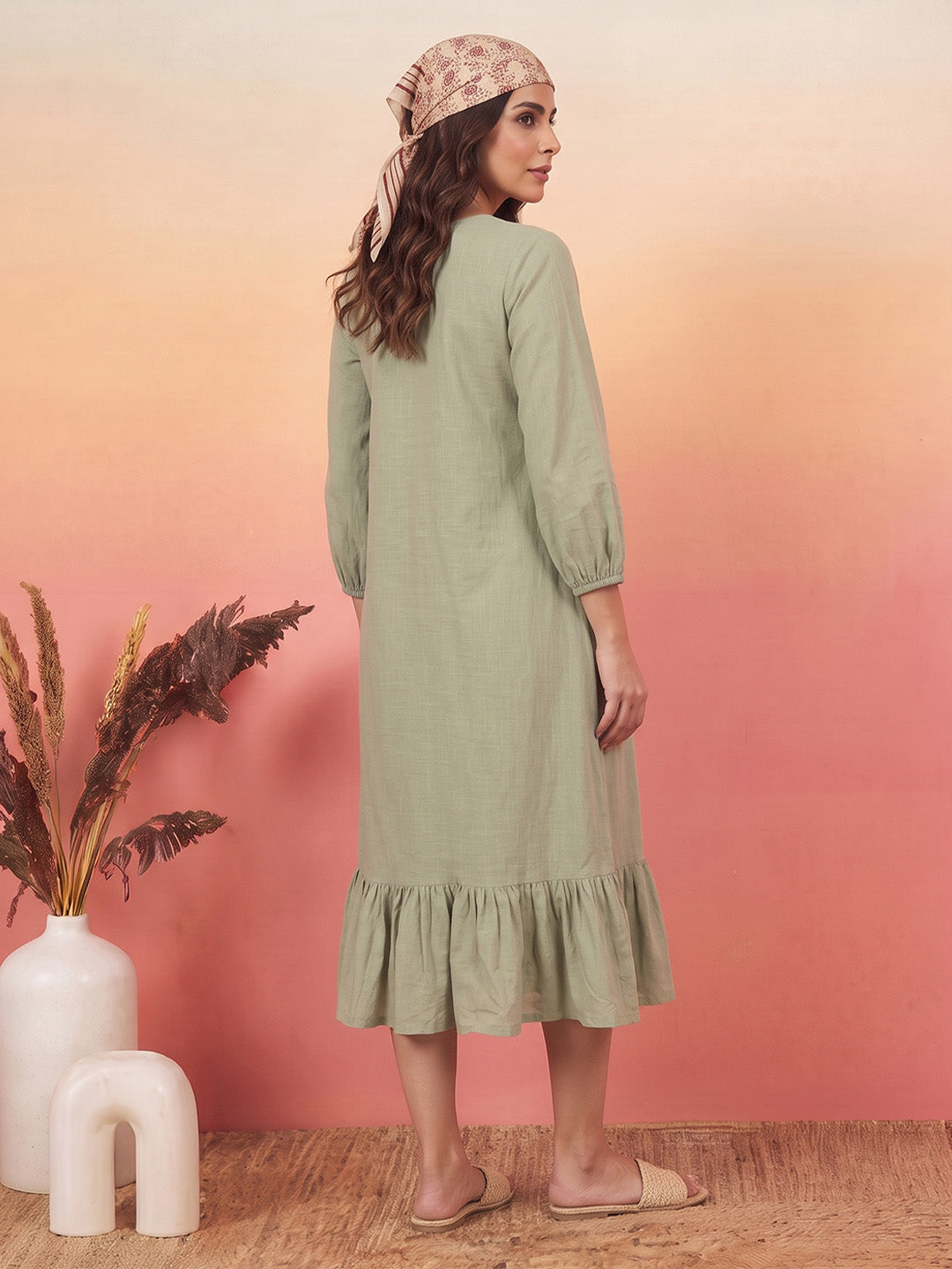 Janasya Women's Sage Green Linen Cotton Embroidered A-Line Dress