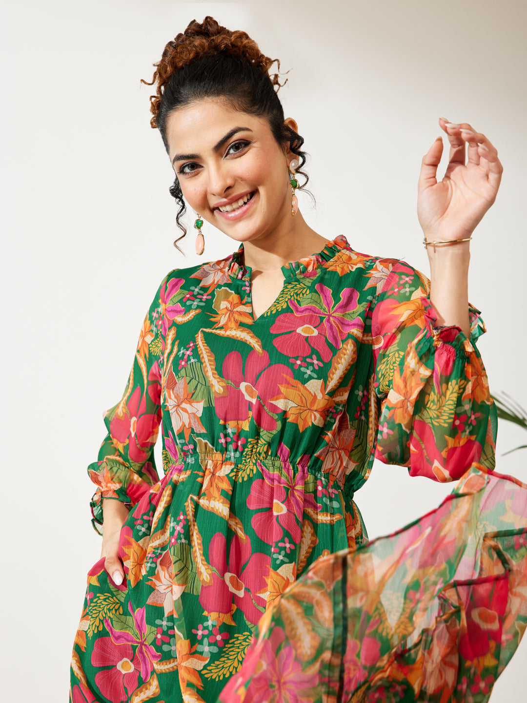 Janasya Women's Green Chiffon Floral Printed Fit & Flare Dress