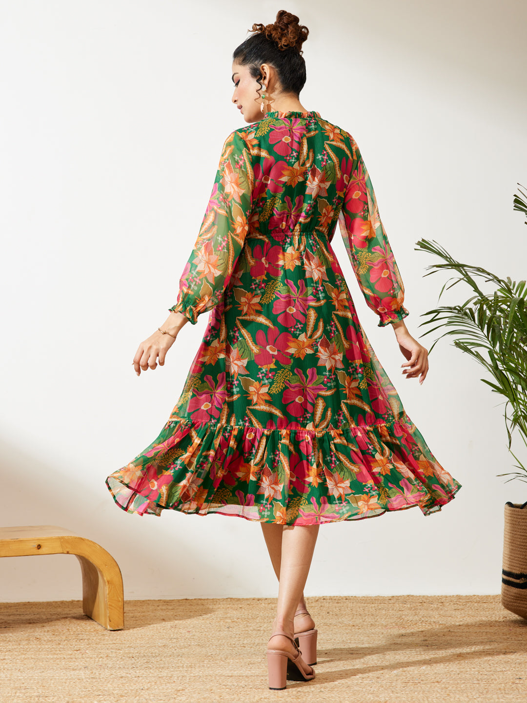 Janasya Women's Green Chiffon Floral Printed Fit & Flare Dress