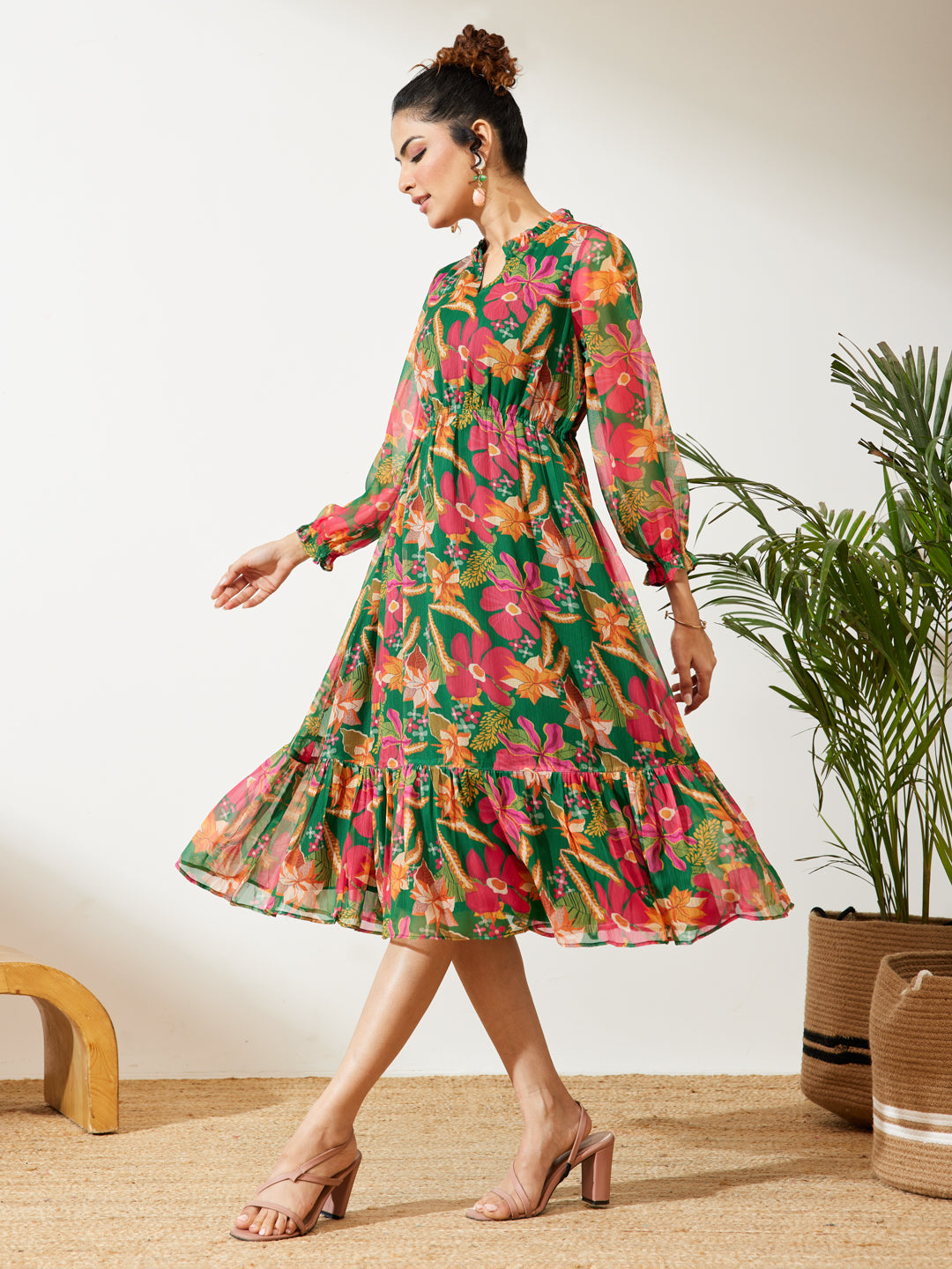 Janasya Women's Green Chiffon Floral Printed Fit & Flare Dress