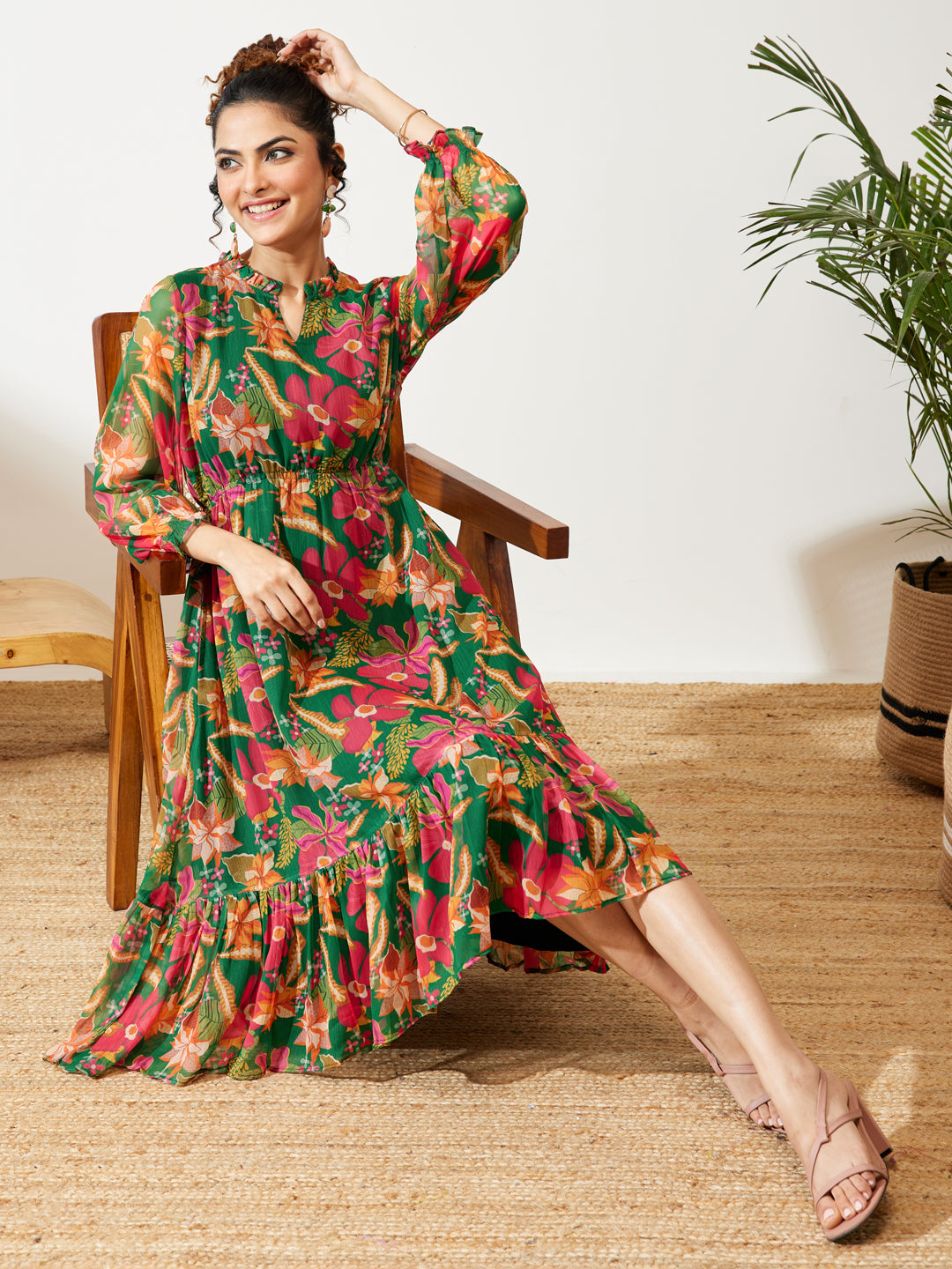 Janasya Women's Green Chiffon Floral Printed Fit & Flare Dress