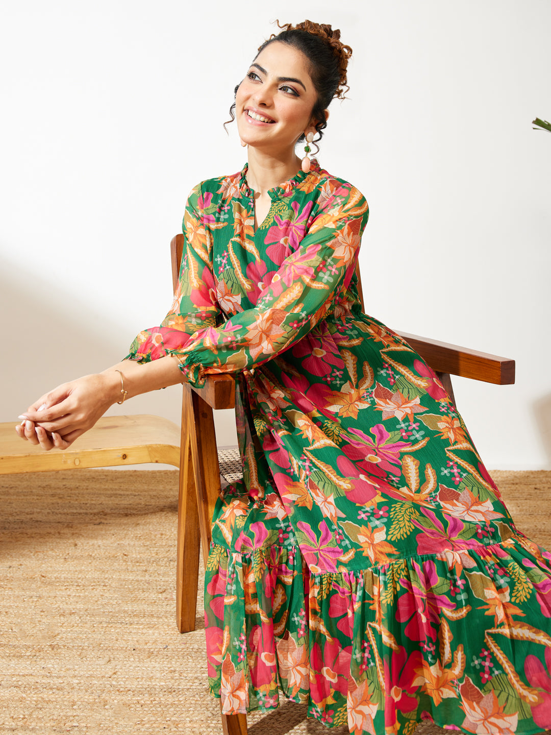 Janasya Women's Green Chiffon Floral Printed Fit & Flare Dress