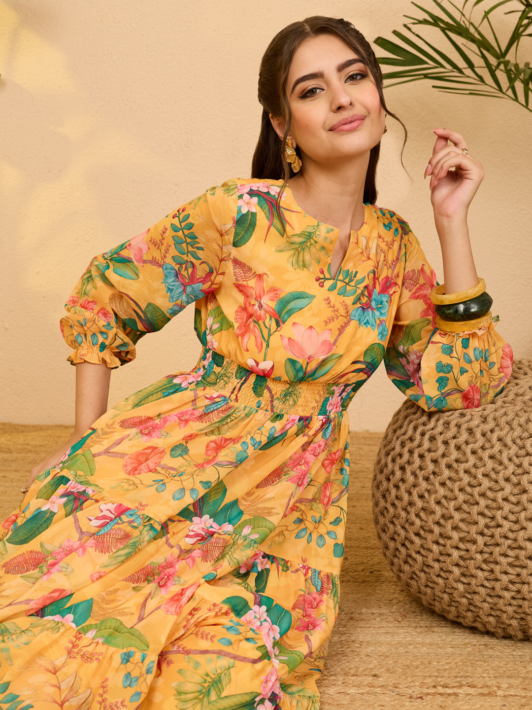 Janasya Women's Yellow Georgette Floral Printed Tiered Dress