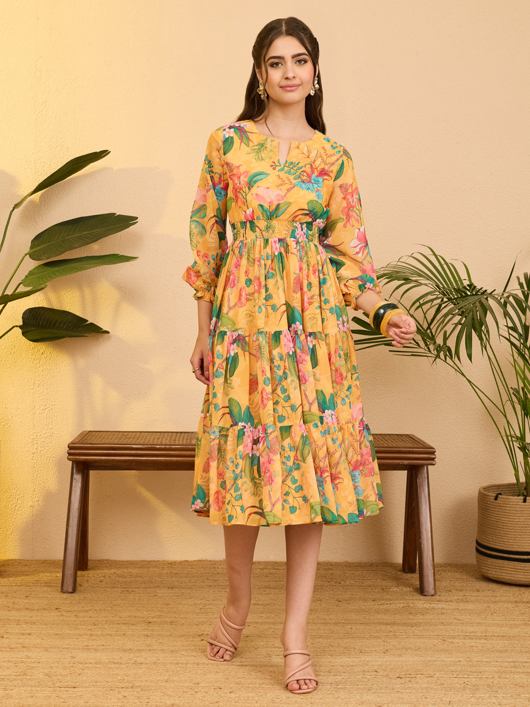 Janasya Women's Yellow Georgette Floral Printed Tiered Dress