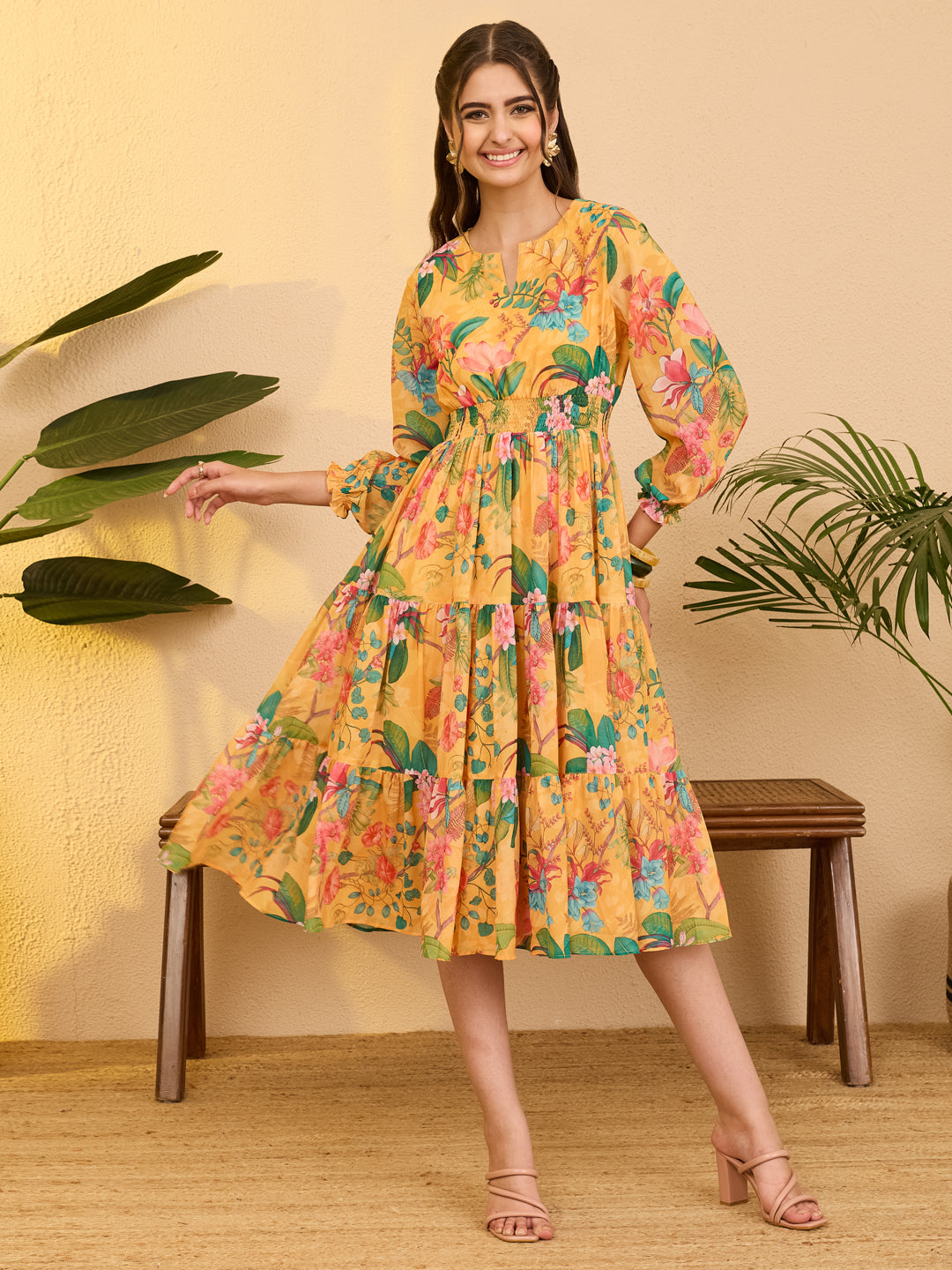 Janasya Women's Yellow Georgette Floral Printed Tiered Dress