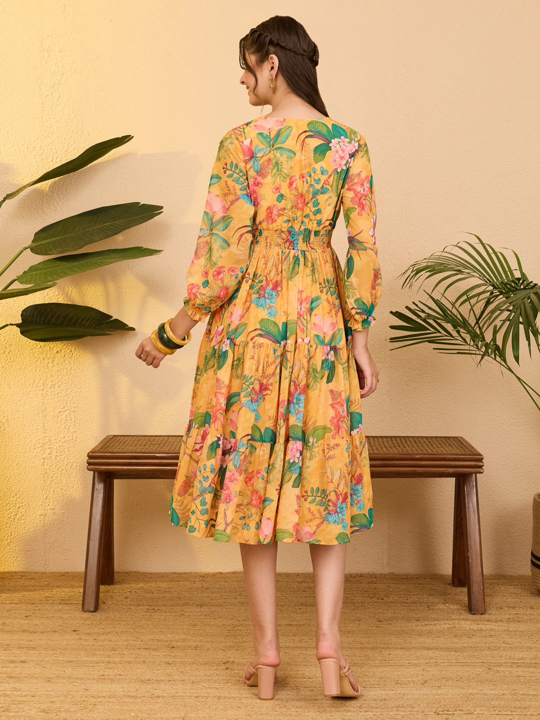 Janasya Women's Yellow Georgette Floral Printed Tiered Dress