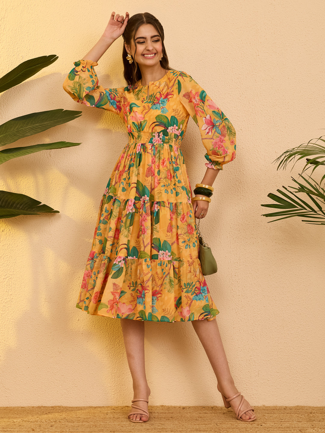 Janasya Women's Yellow Georgette Floral Printed Tiered Dress