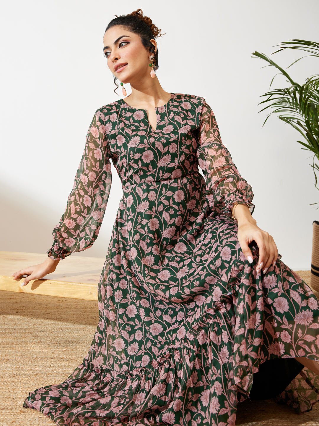 Janasya Women's Green Chiffon Floral Printed A-line Dress