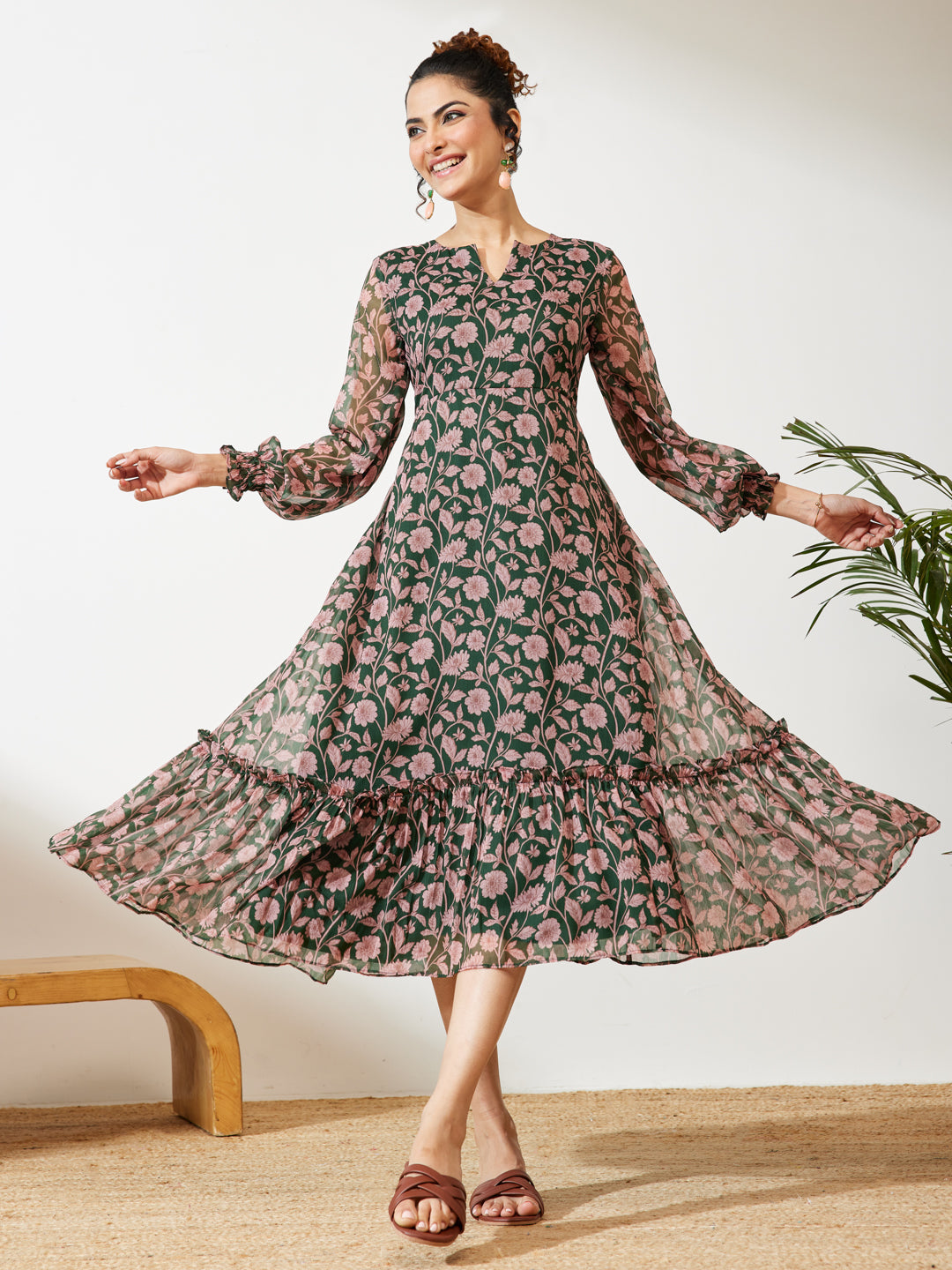 Janasya Women's Green Chiffon Floral Printed A-line Dress