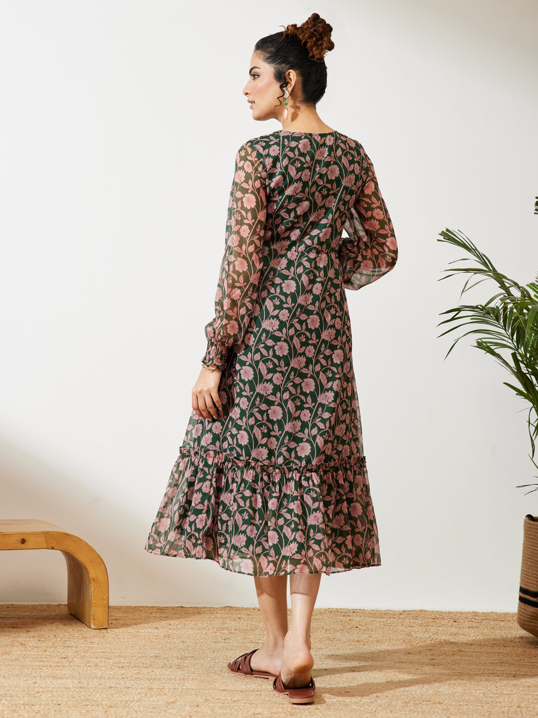 Janasya Women's Green Chiffon Floral Printed A-line Dress