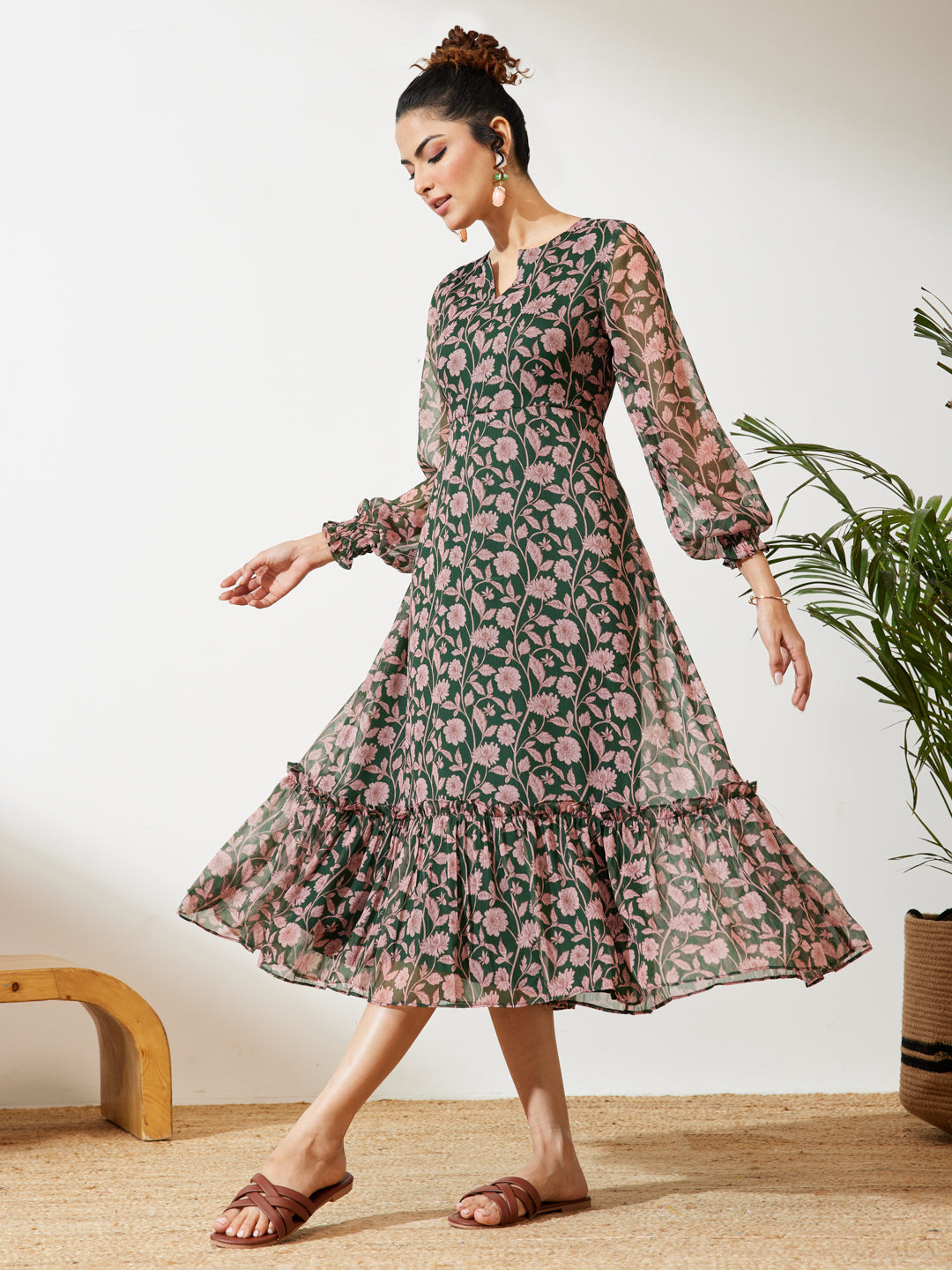 Janasya Women's Green Chiffon Floral Printed A-line Dress