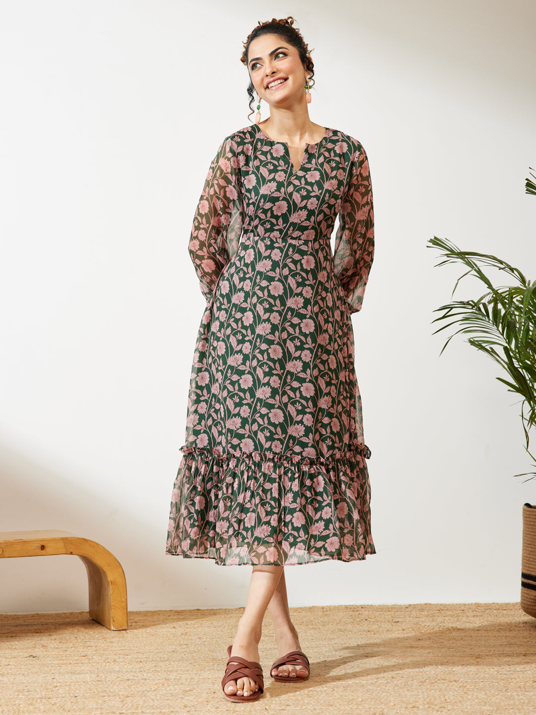 Janasya Women's Green Chiffon Floral Printed A-line Dress