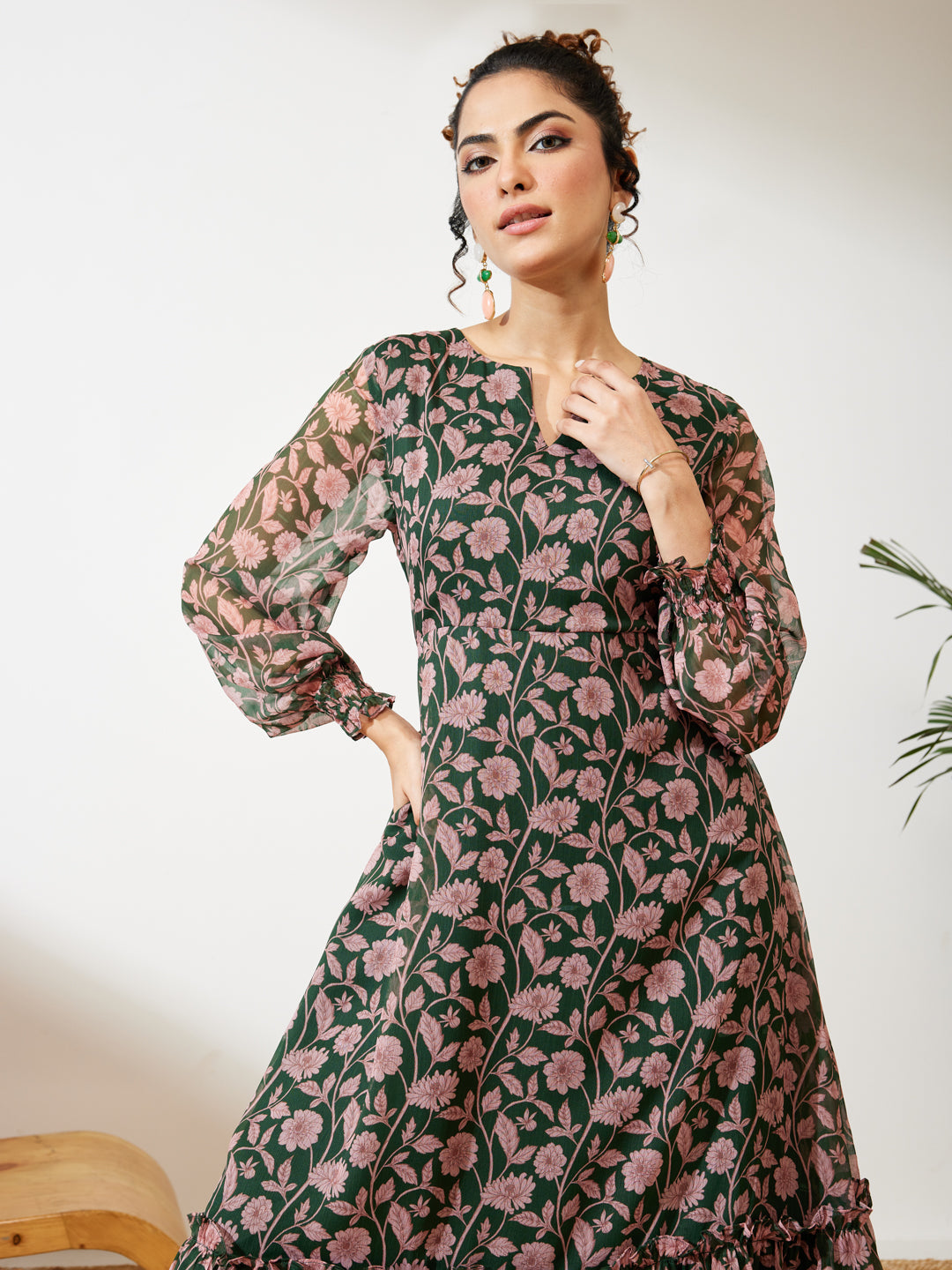 Janasya Women's Green Chiffon Floral Printed A-line Dress