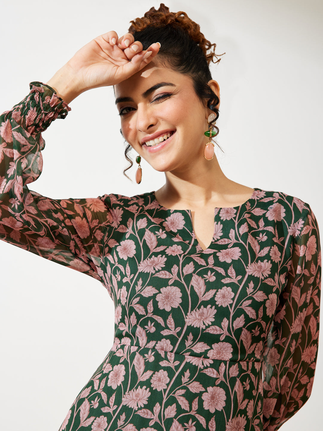 Janasya Women's Green Chiffon Floral Printed A-line Dress