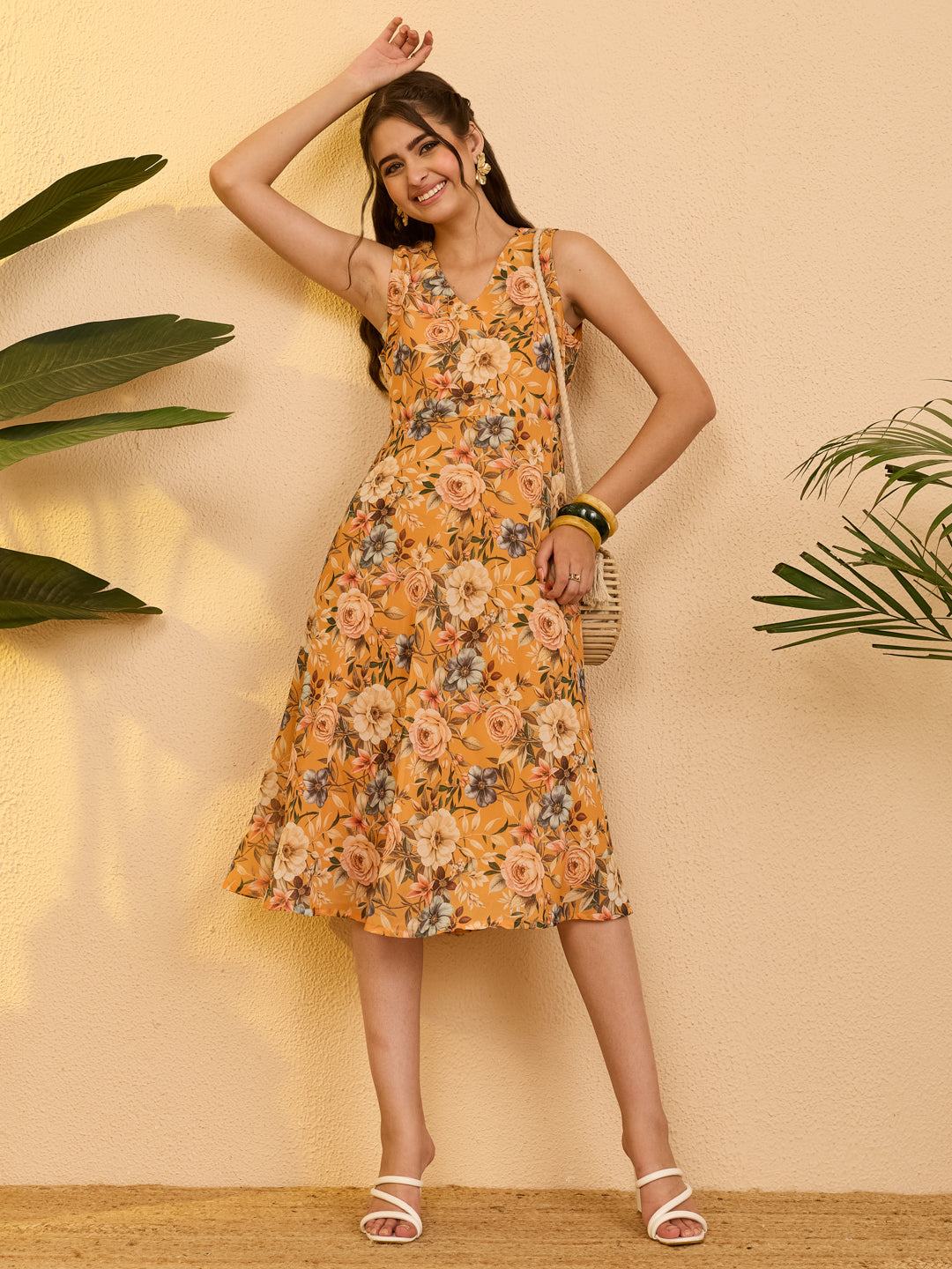 Janasya Women's Yellow Georgette Floral Printed Fit & Flare Dress