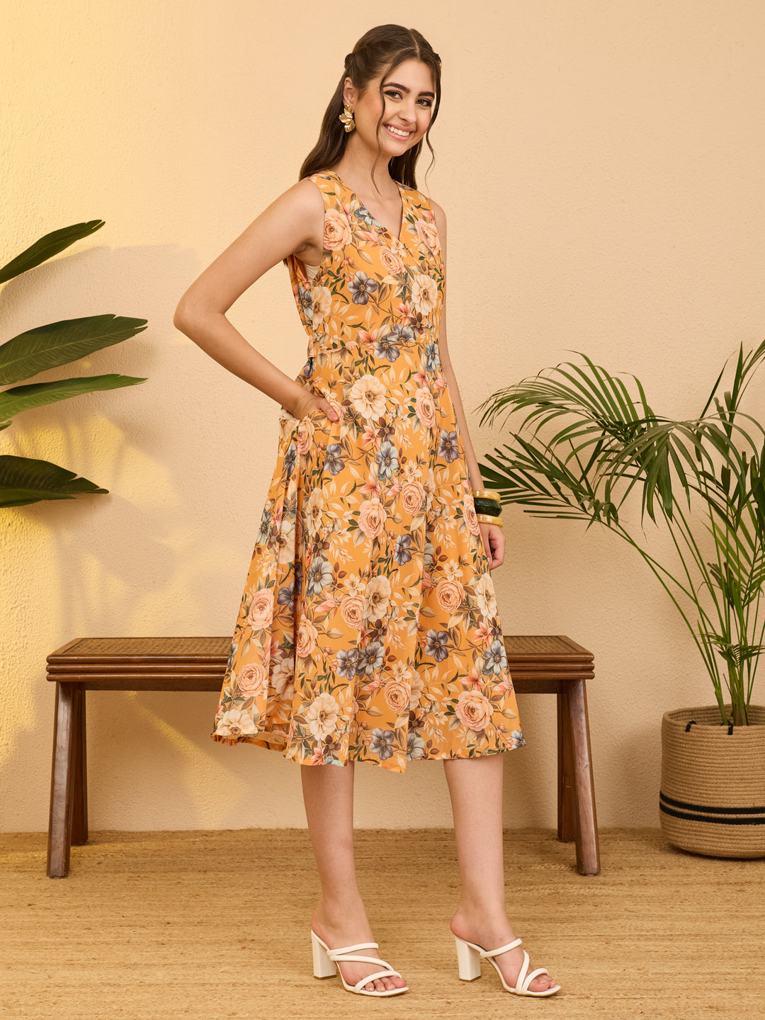 Janasya Women's Yellow Georgette Floral Printed Fit & Flare Dress