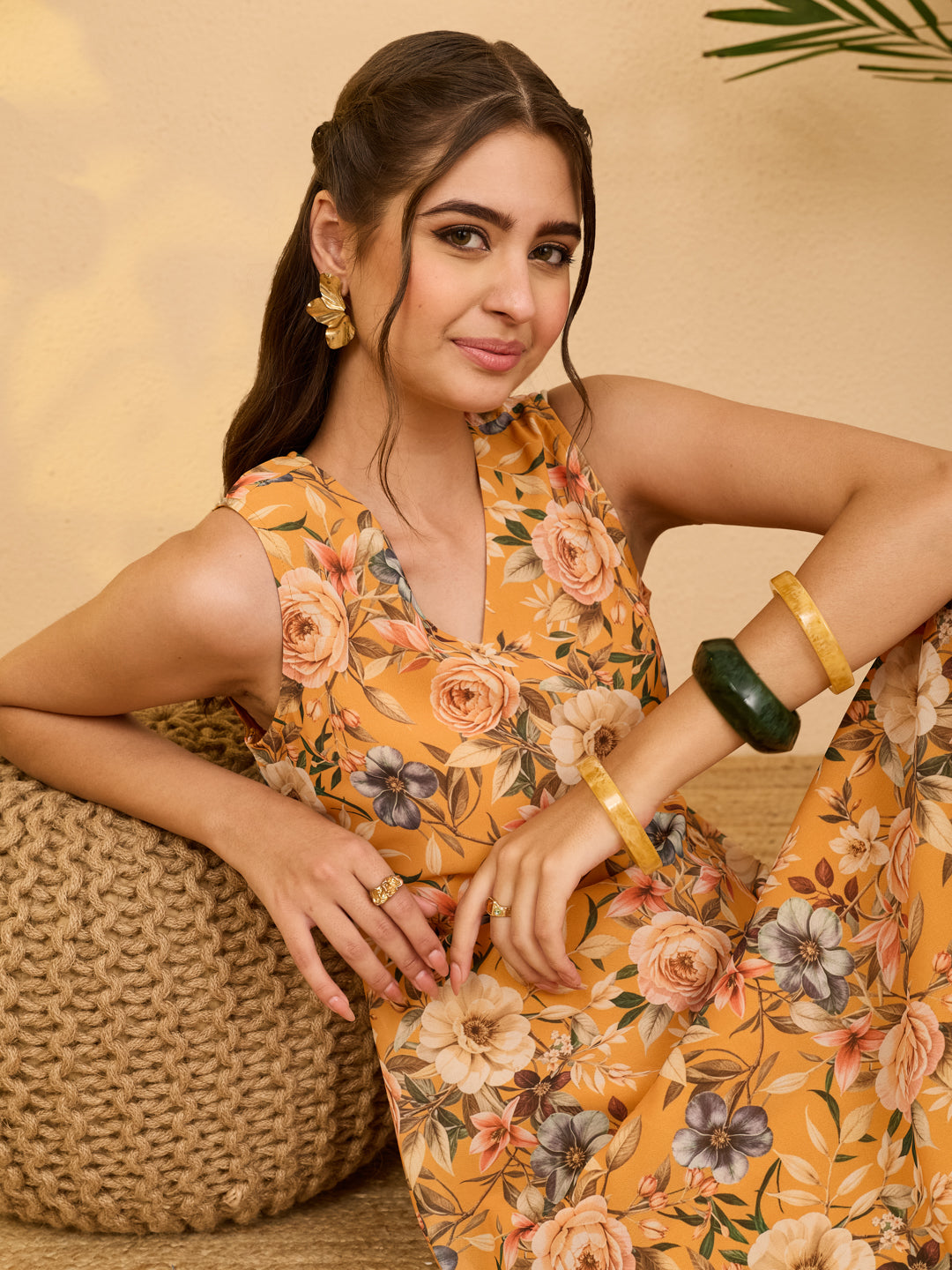 Janasya Women's Yellow Georgette Floral Printed Fit & Flare Dress