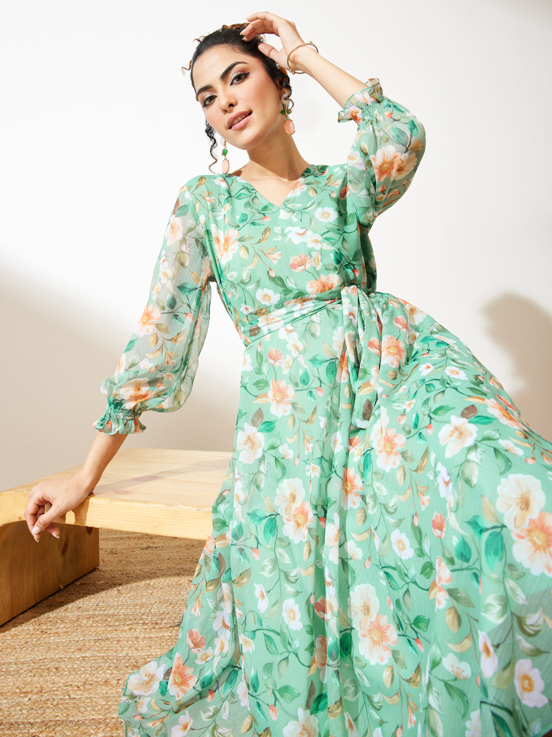 Janasya Women's Mint Green Chiffon Floral Printed Fit & Flare Dress