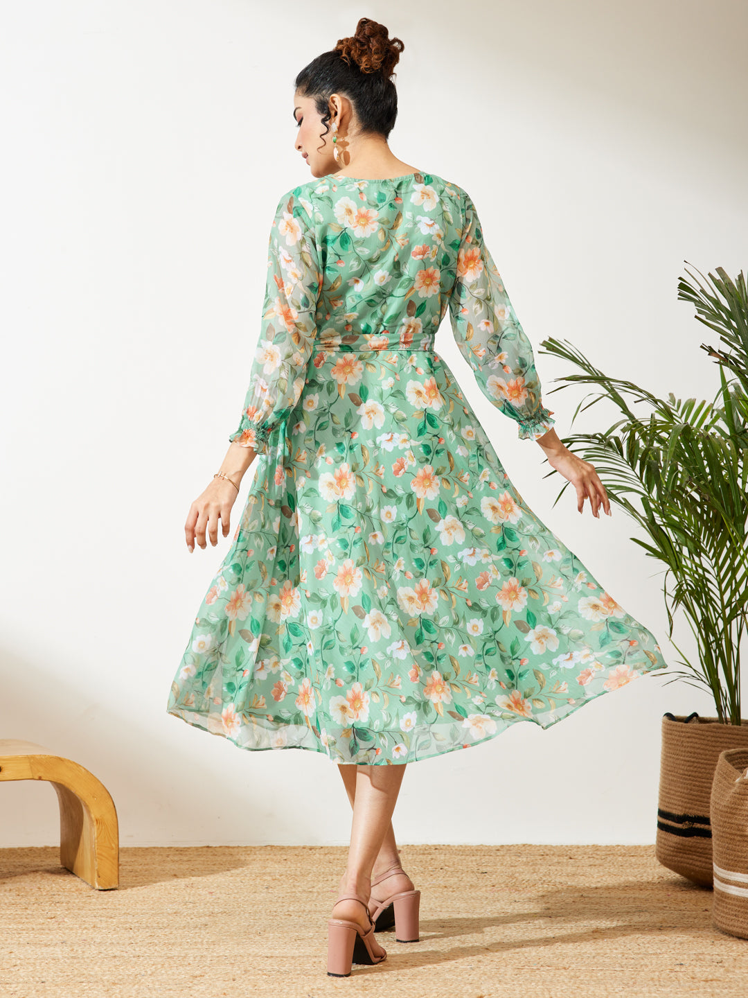 Janasya Women's Mint Green Chiffon Floral Printed Fit & Flare Dress