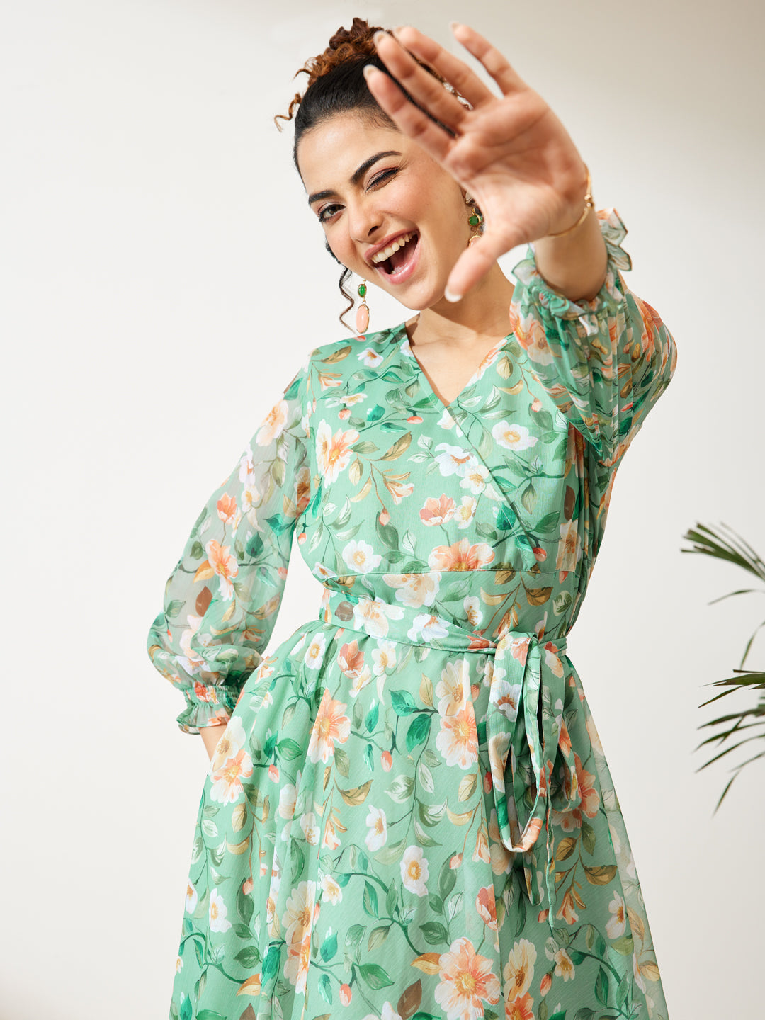 Janasya Women's Mint Green Chiffon Floral Printed Fit & Flare Dress